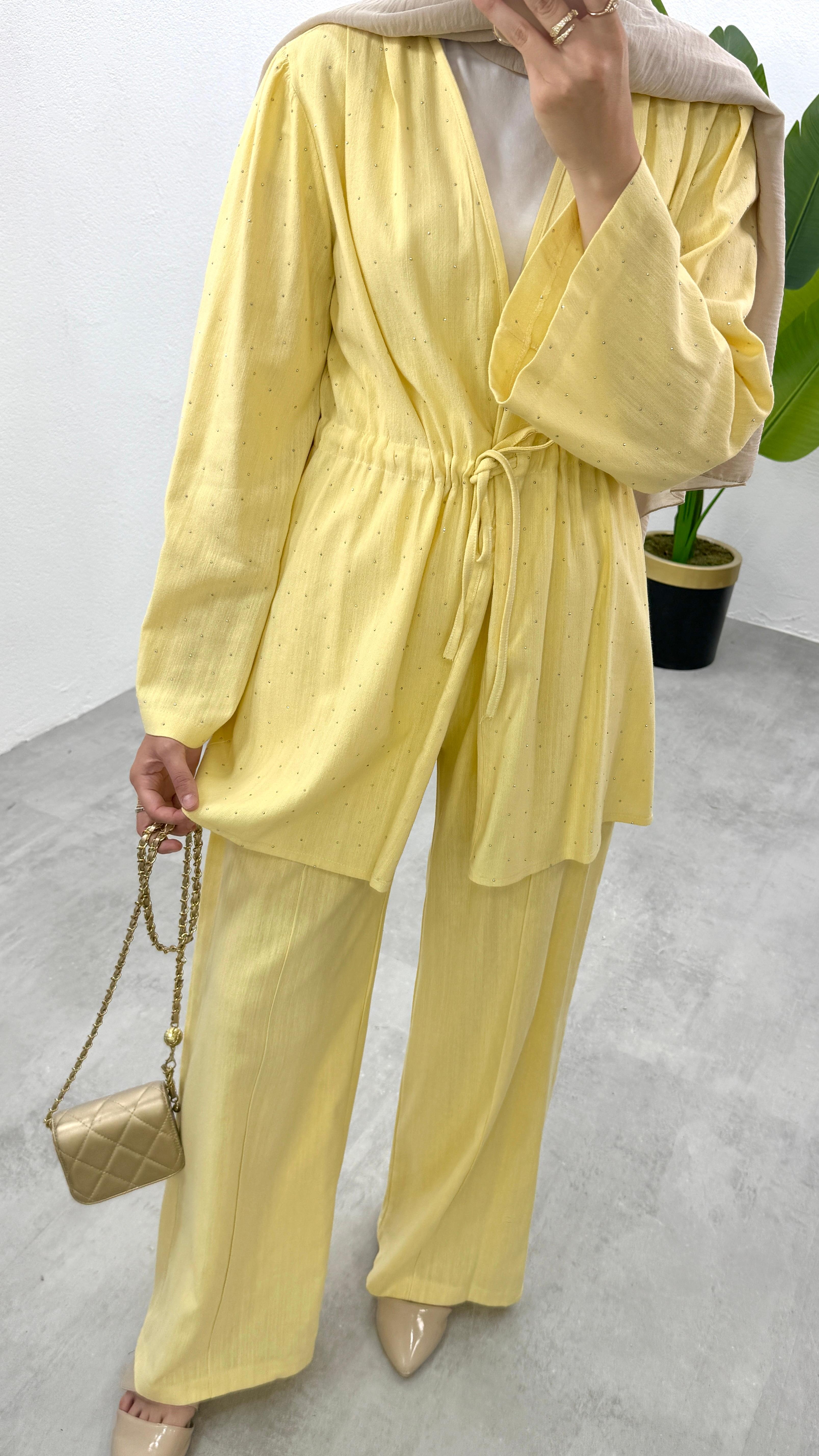 Taşlı Keten Kimono Takım - Sarı