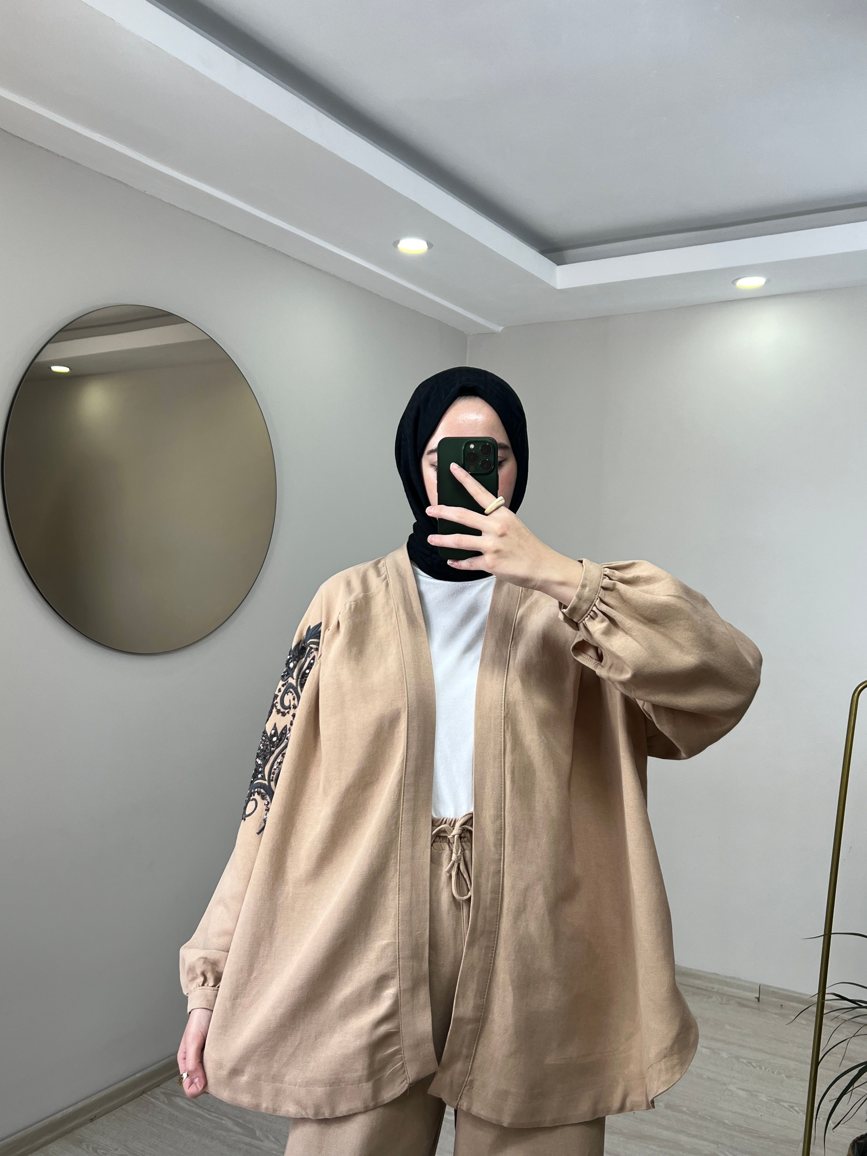 Zambak Desenli Keten Kimono - Camel