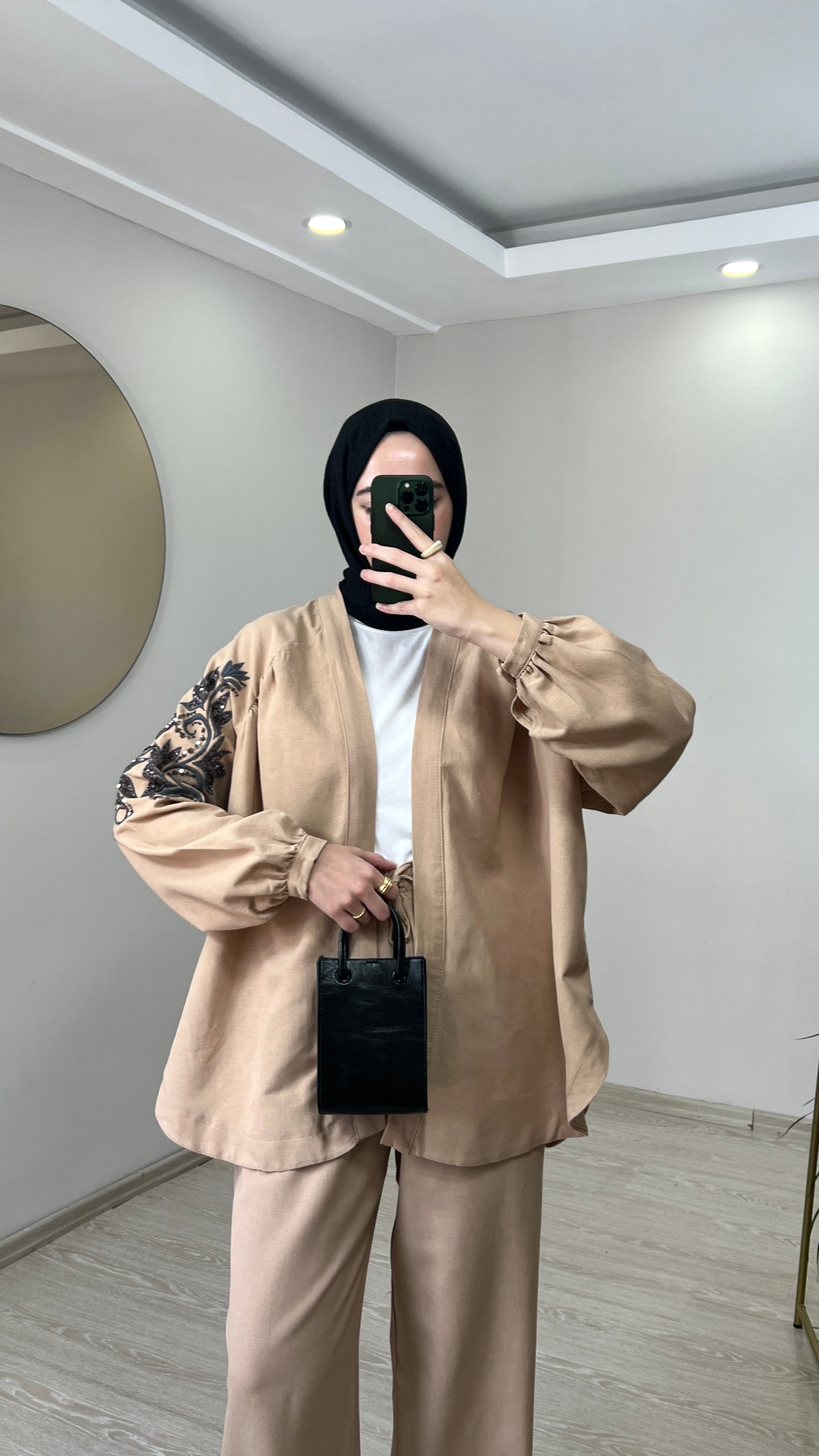 Zambak Desenli Keten Kimono - Camel