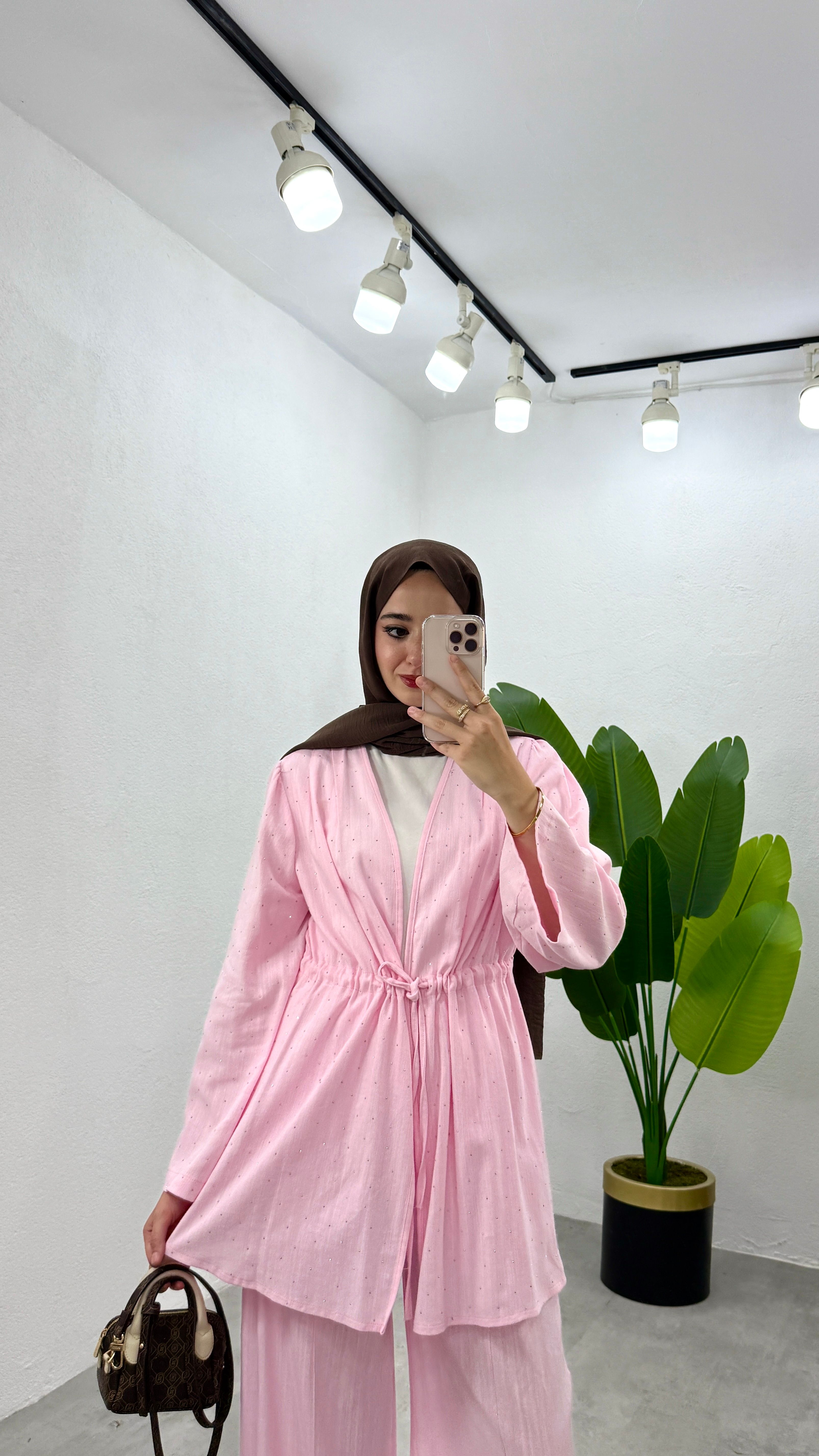 Taşlı Keten Kimono Takım - Pembe
