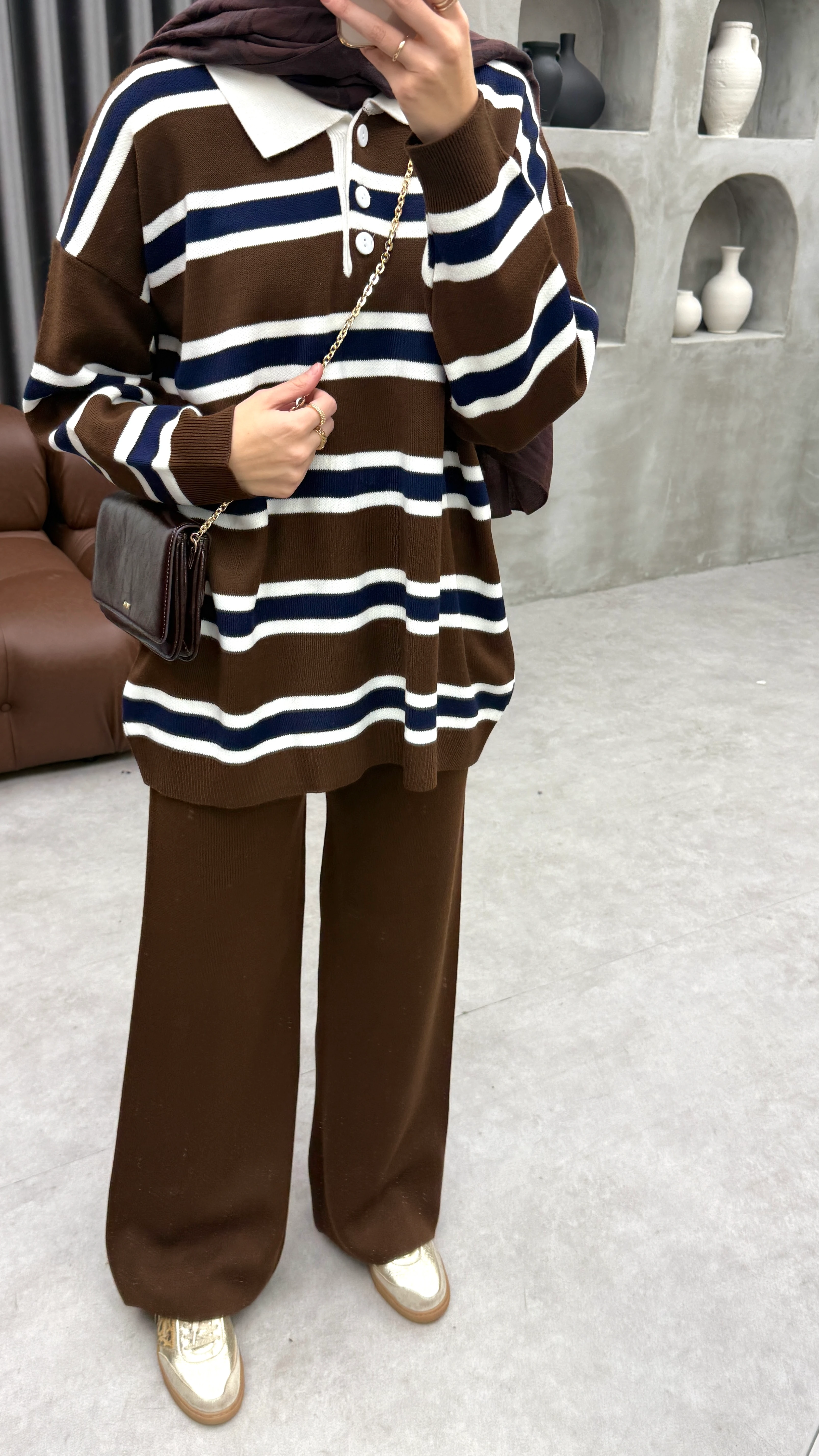 Çizgili Triko Takım - Kahve