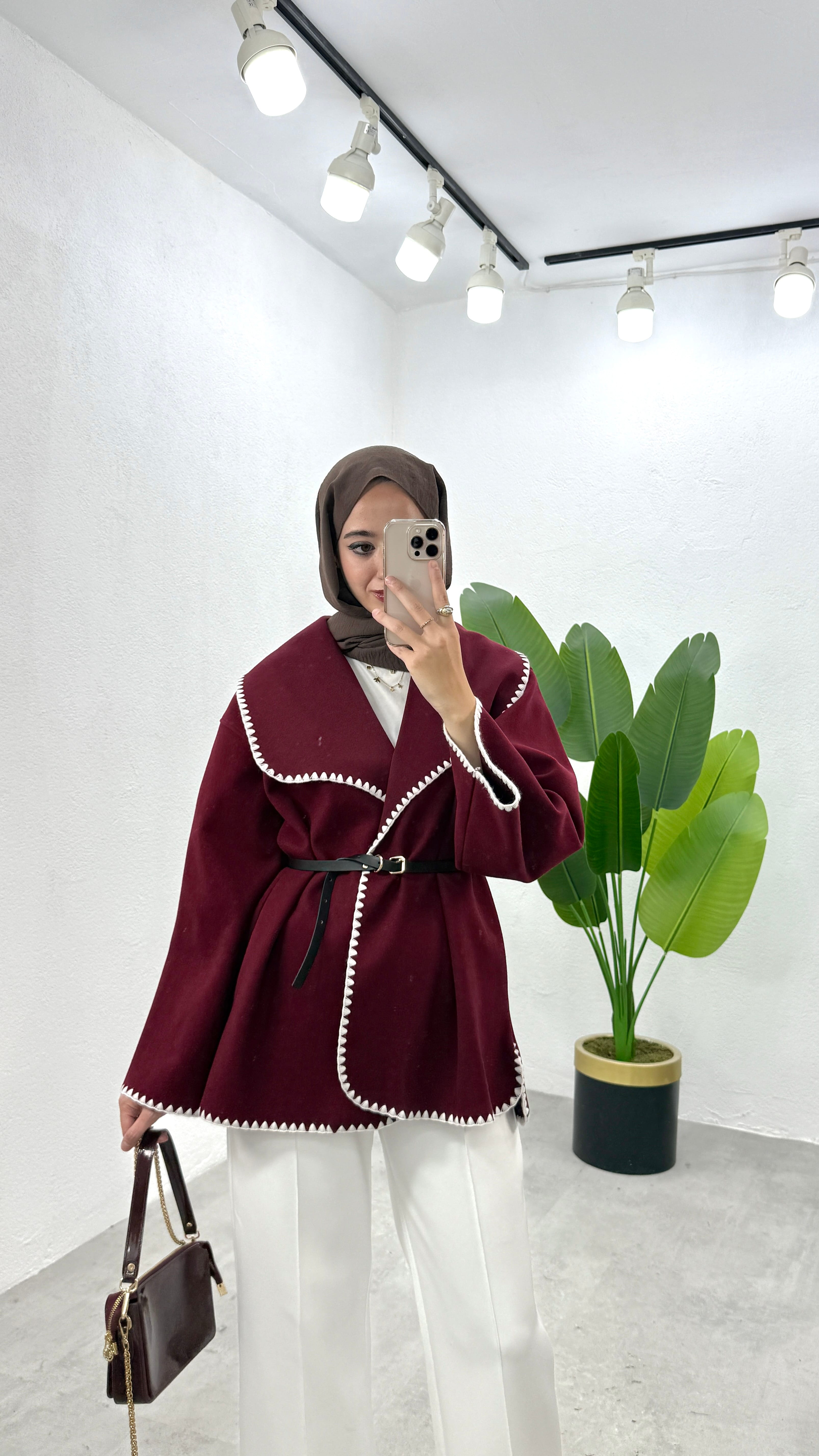 Nakışlı İnce Kaşe Ceket - Bordo