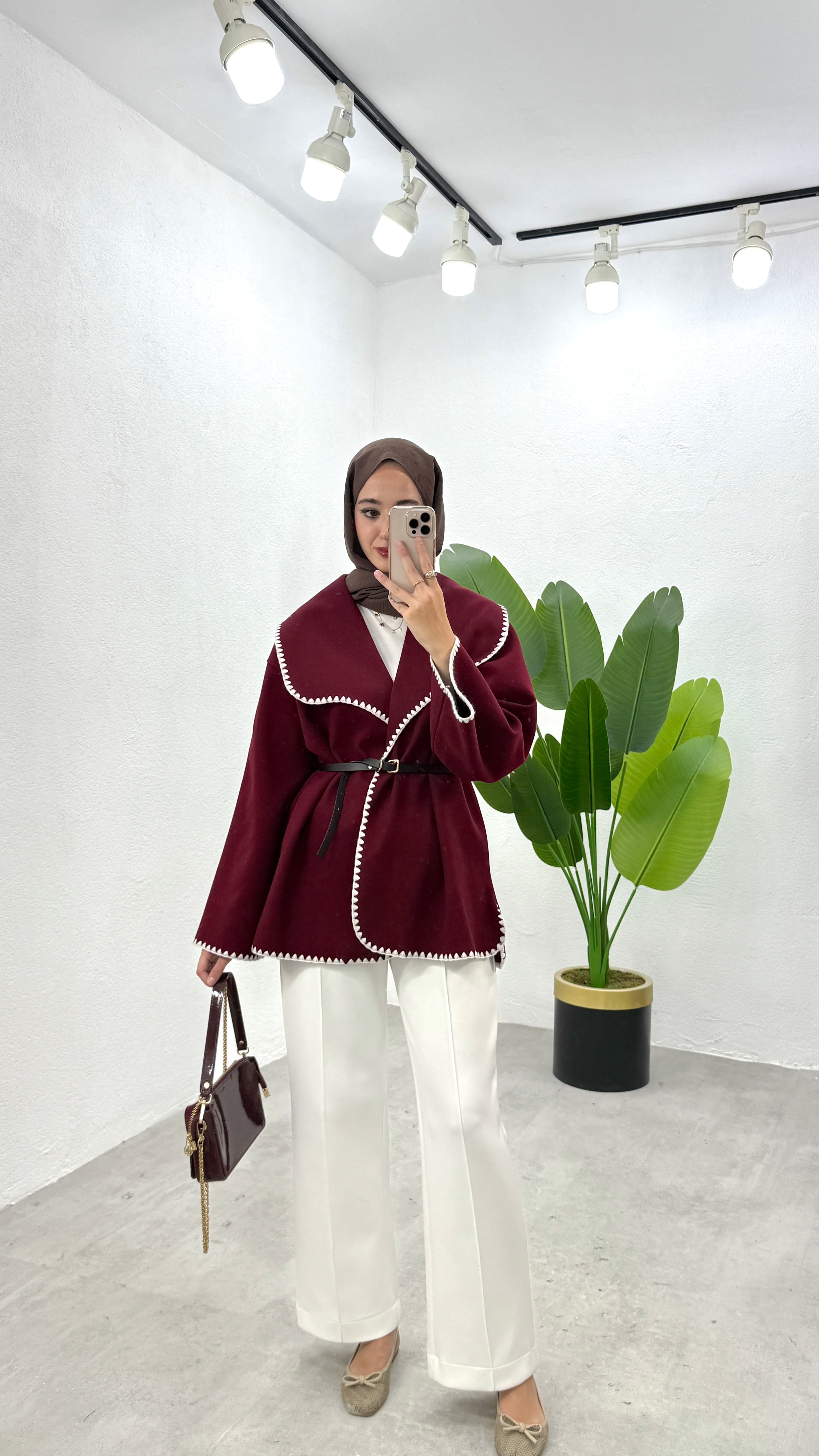 Nakışlı İnce Kaşe Ceket - Bordo