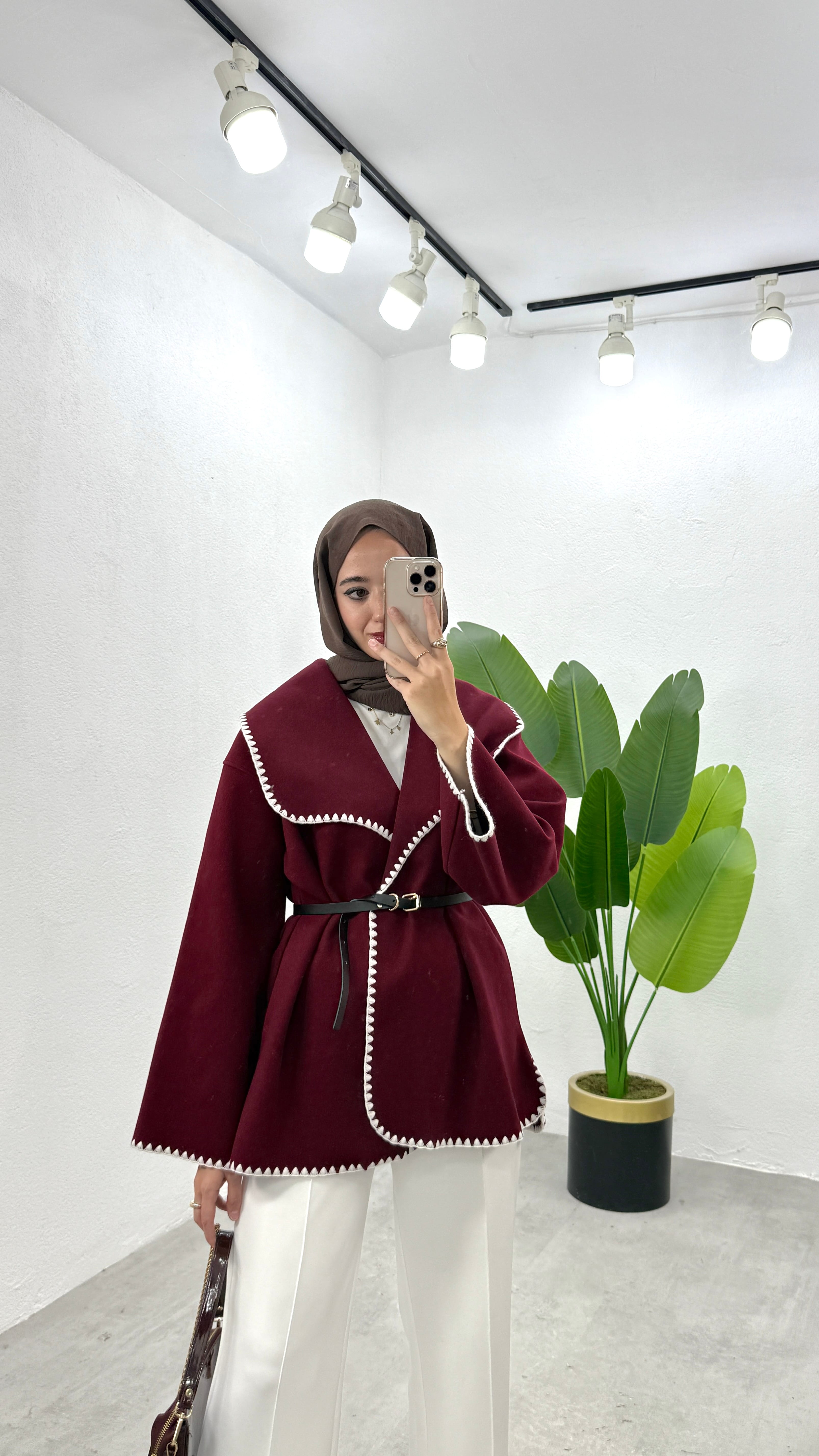 Nakışlı İnce Kaşe Ceket - Bordo