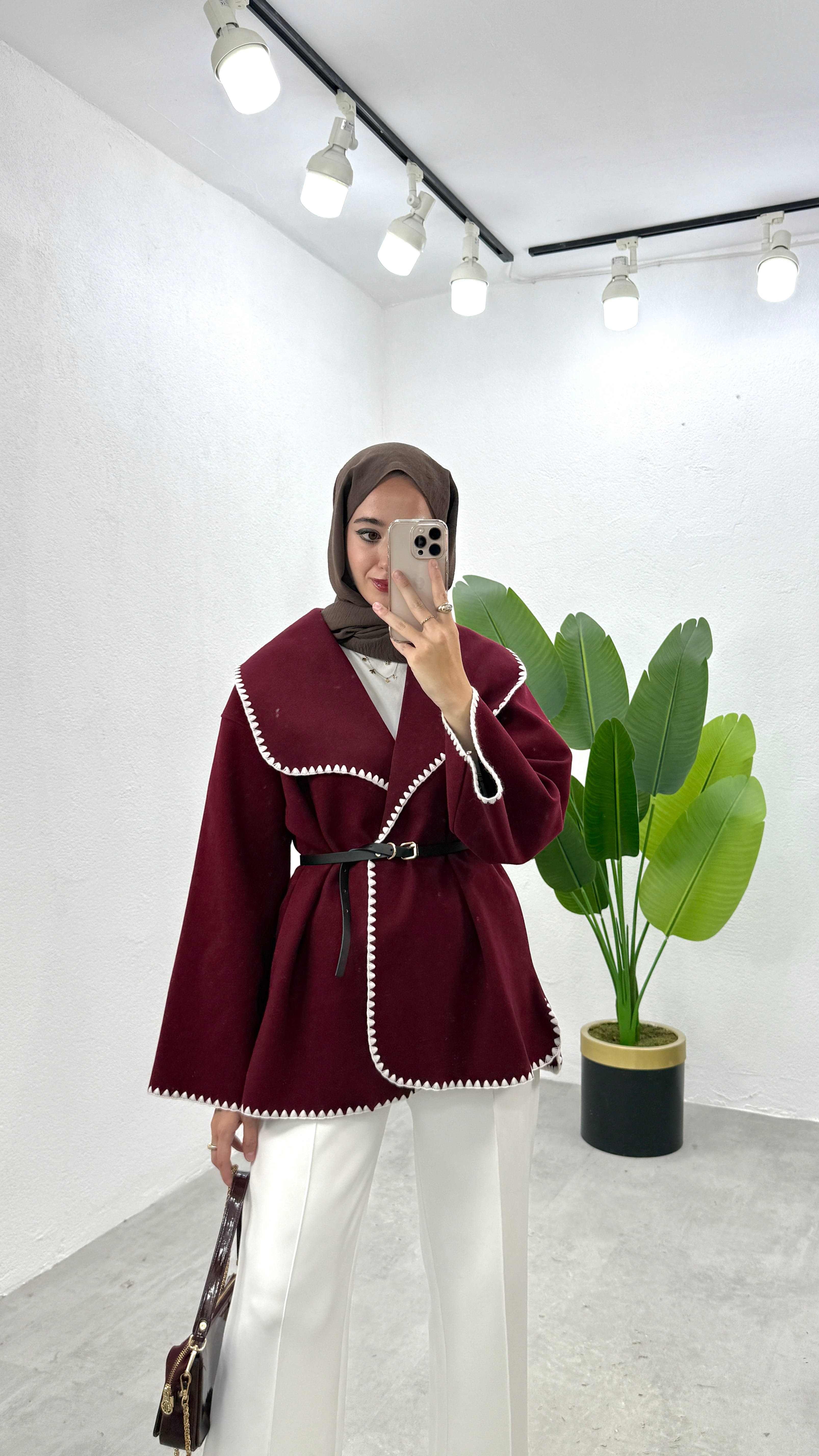 Nakışlı İnce Kaşe Ceket - Bordo