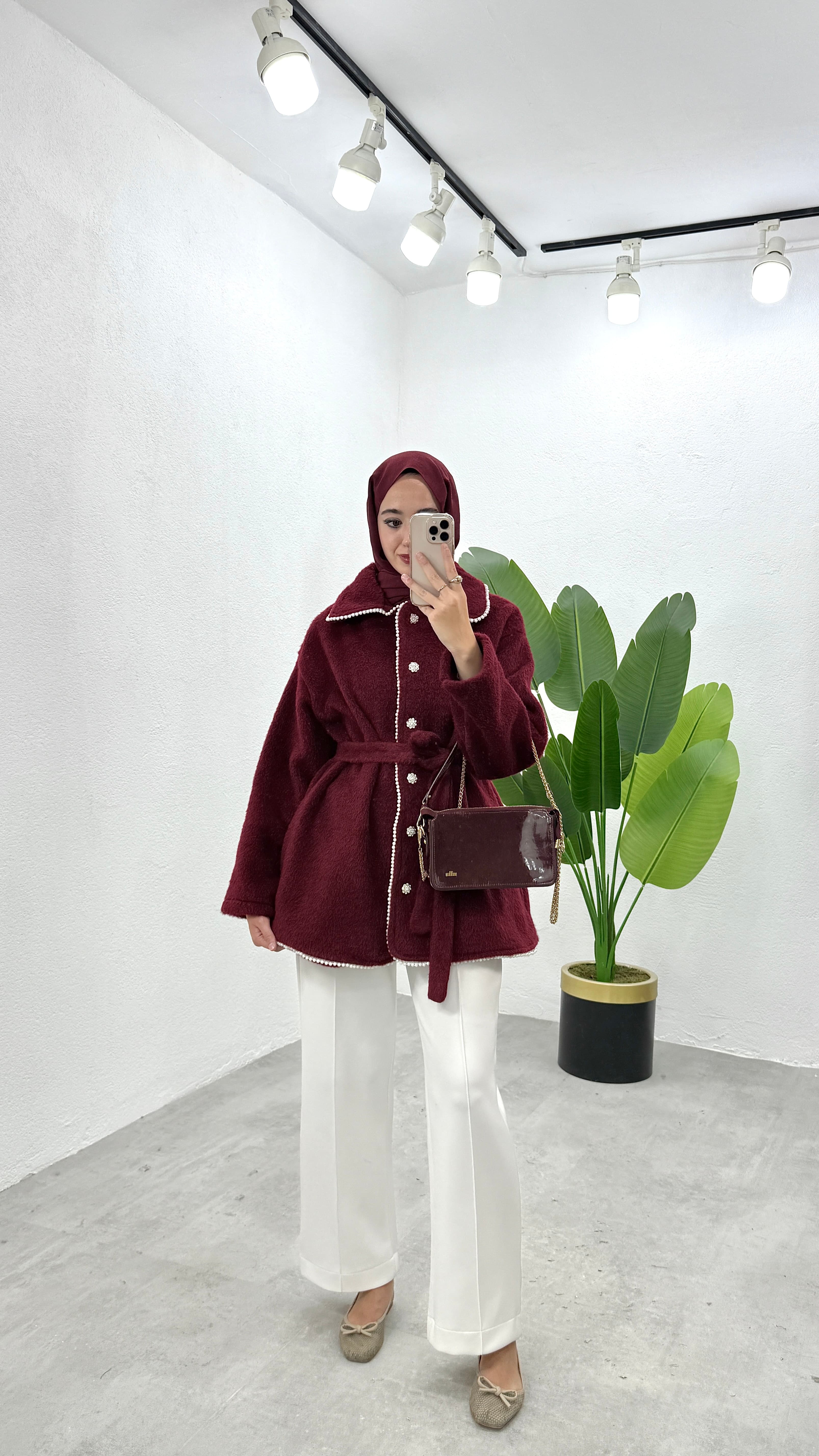 İncili Kaşe Ceket - Bordo