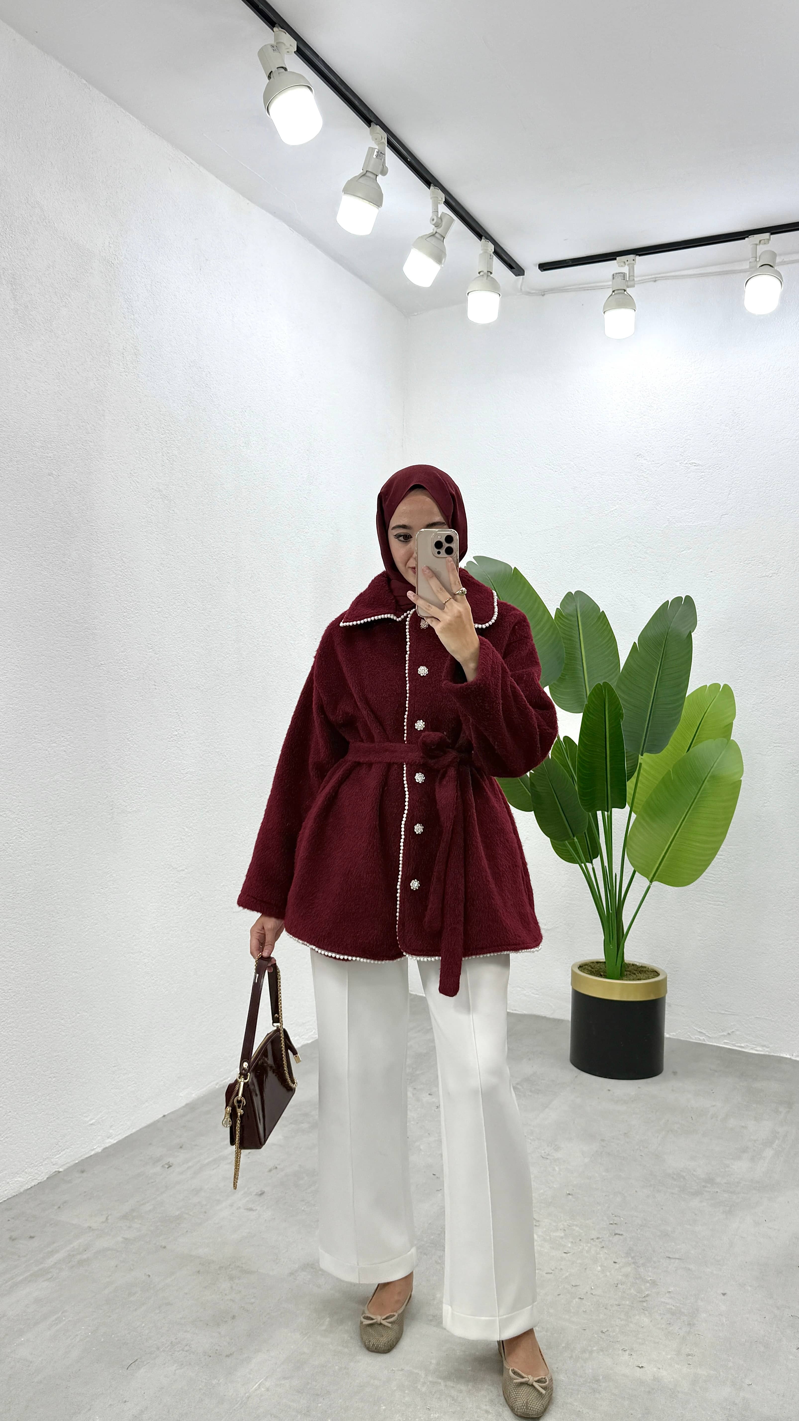 İncili Kaşe Ceket - Bordo