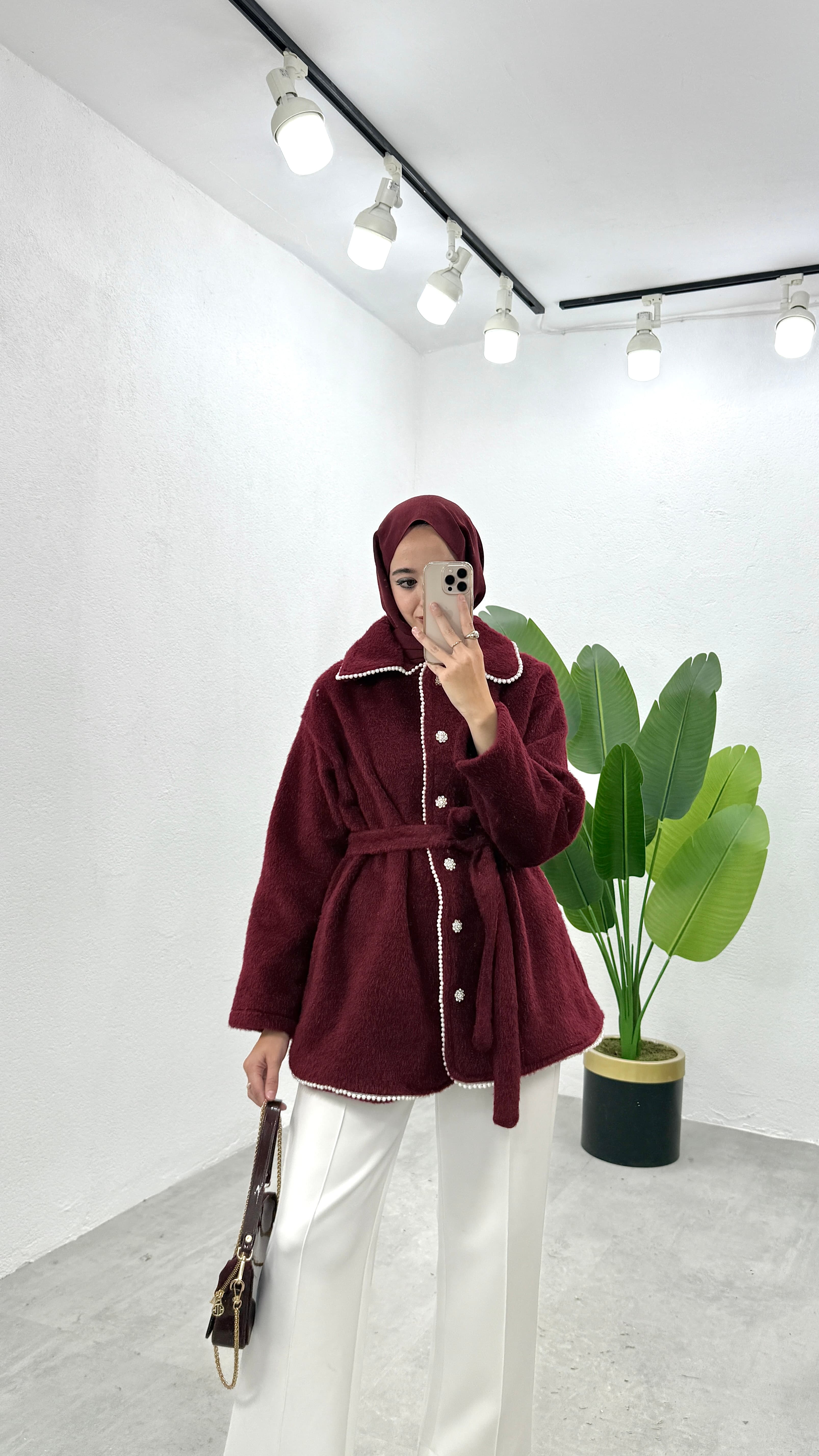 İncili Kaşe Ceket - Bordo