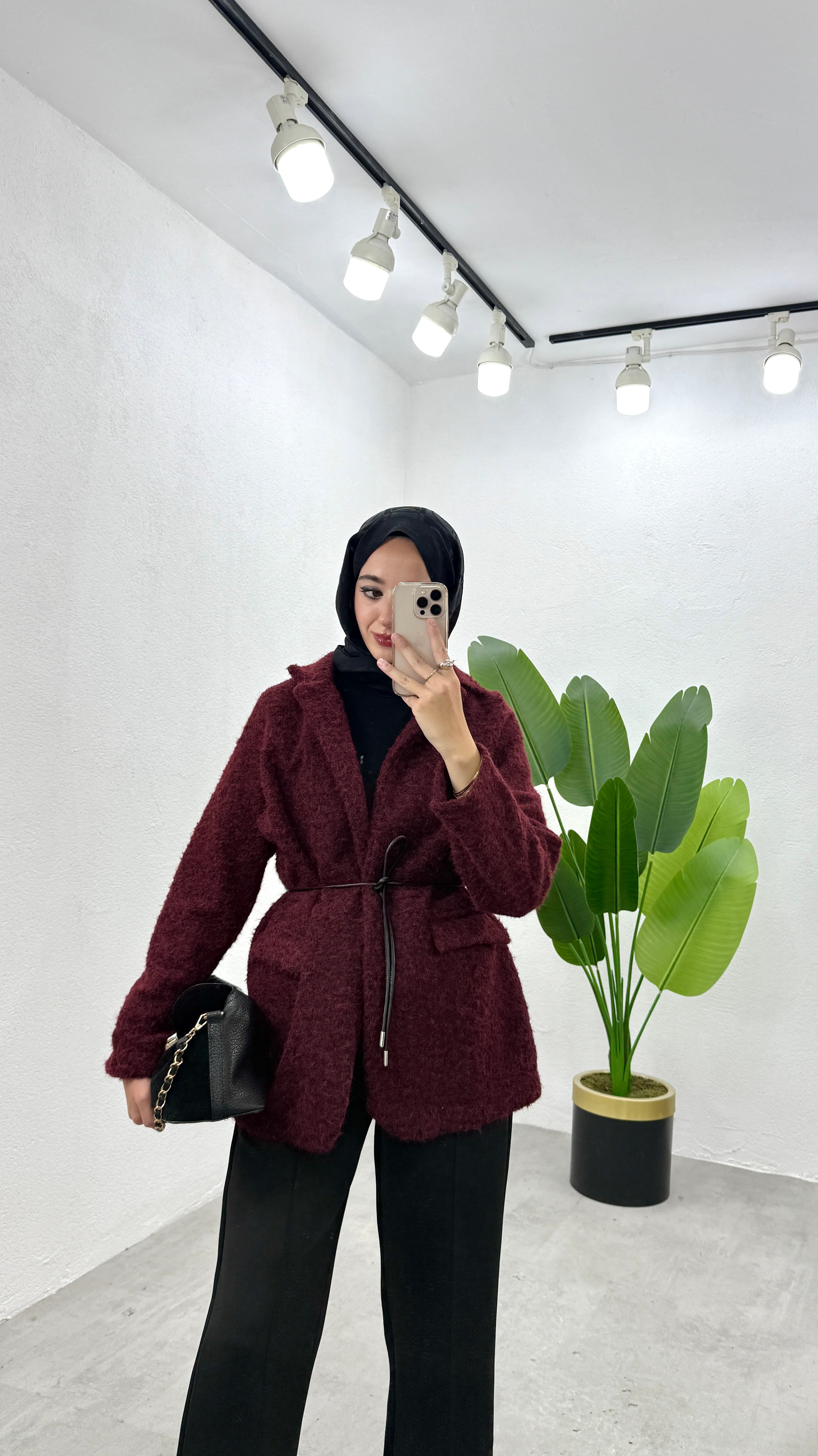Kemerli Kaşe Ceket - Bordo