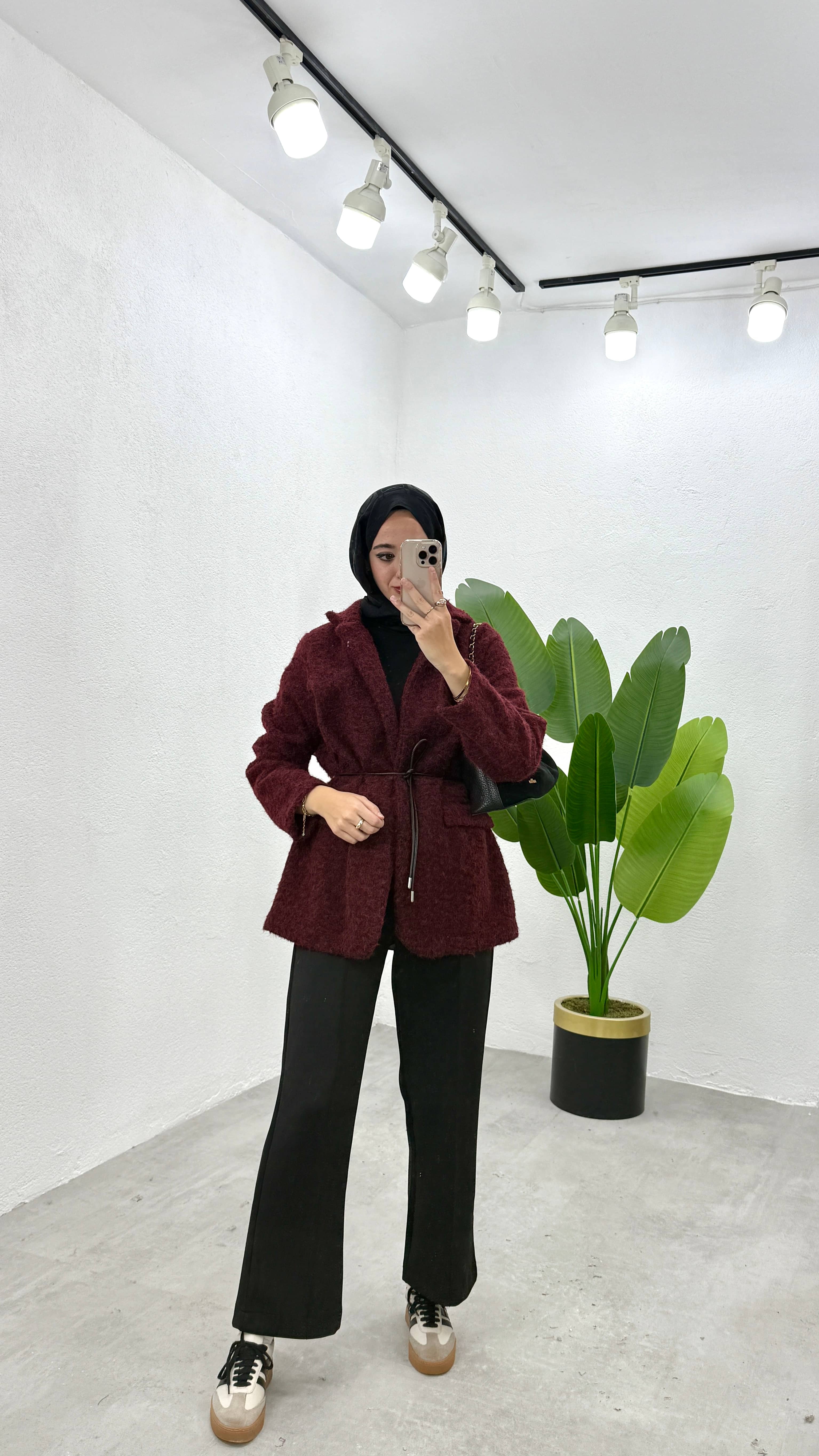 Kemerli Kaşe Ceket - Bordo