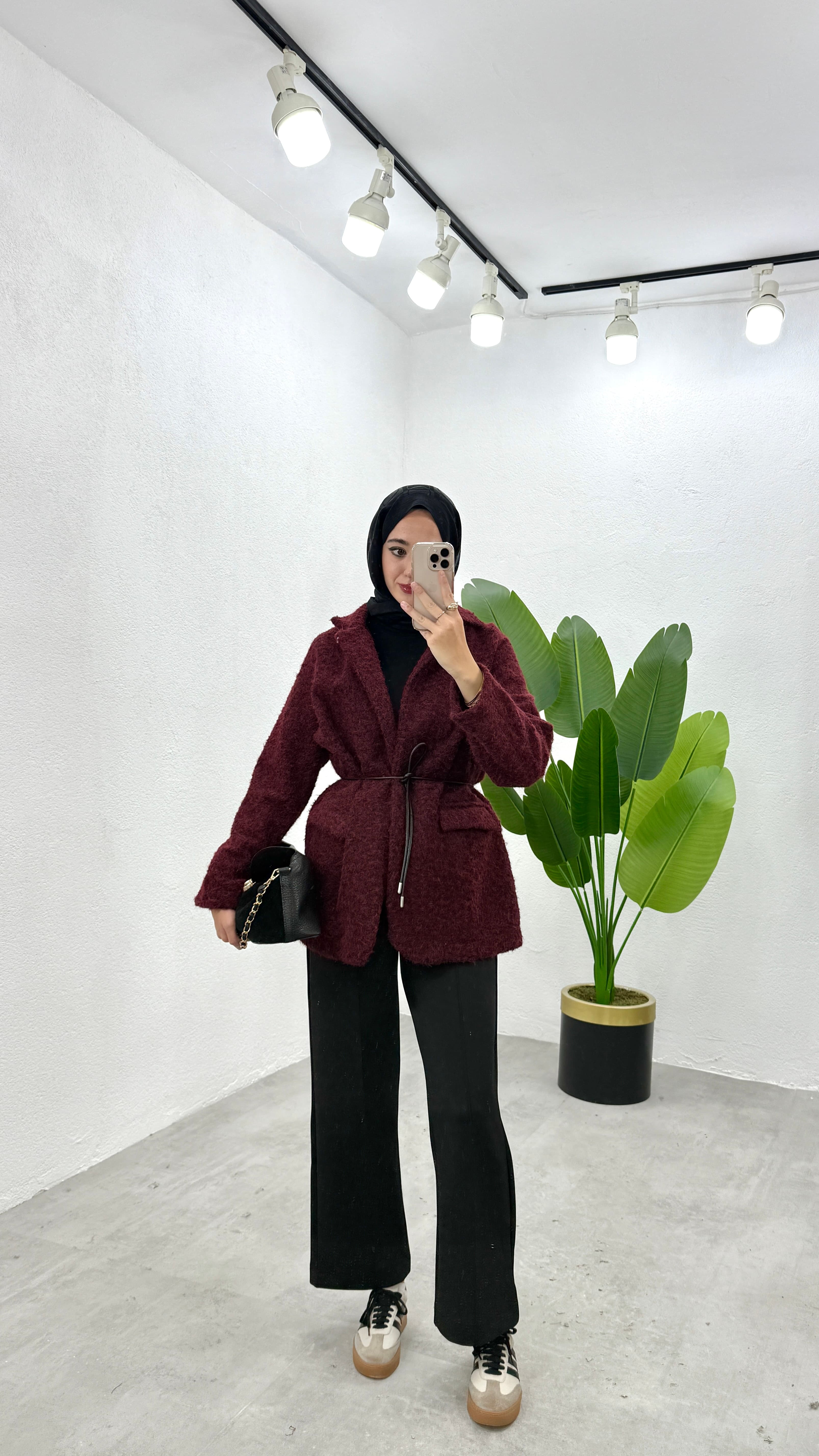 Kemerli Kaşe Ceket - Bordo