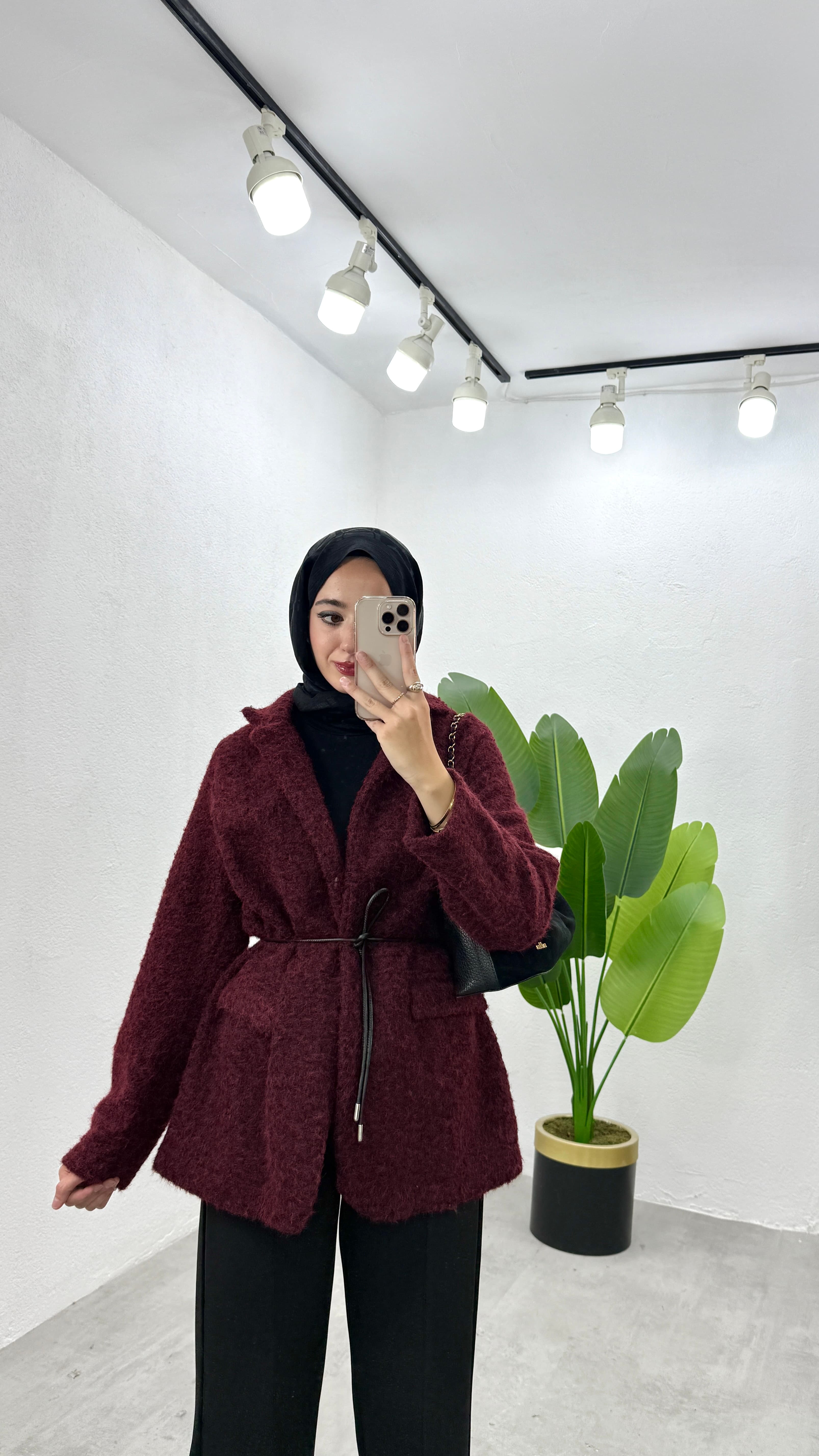 Kemerli Kaşe Ceket - Bordo