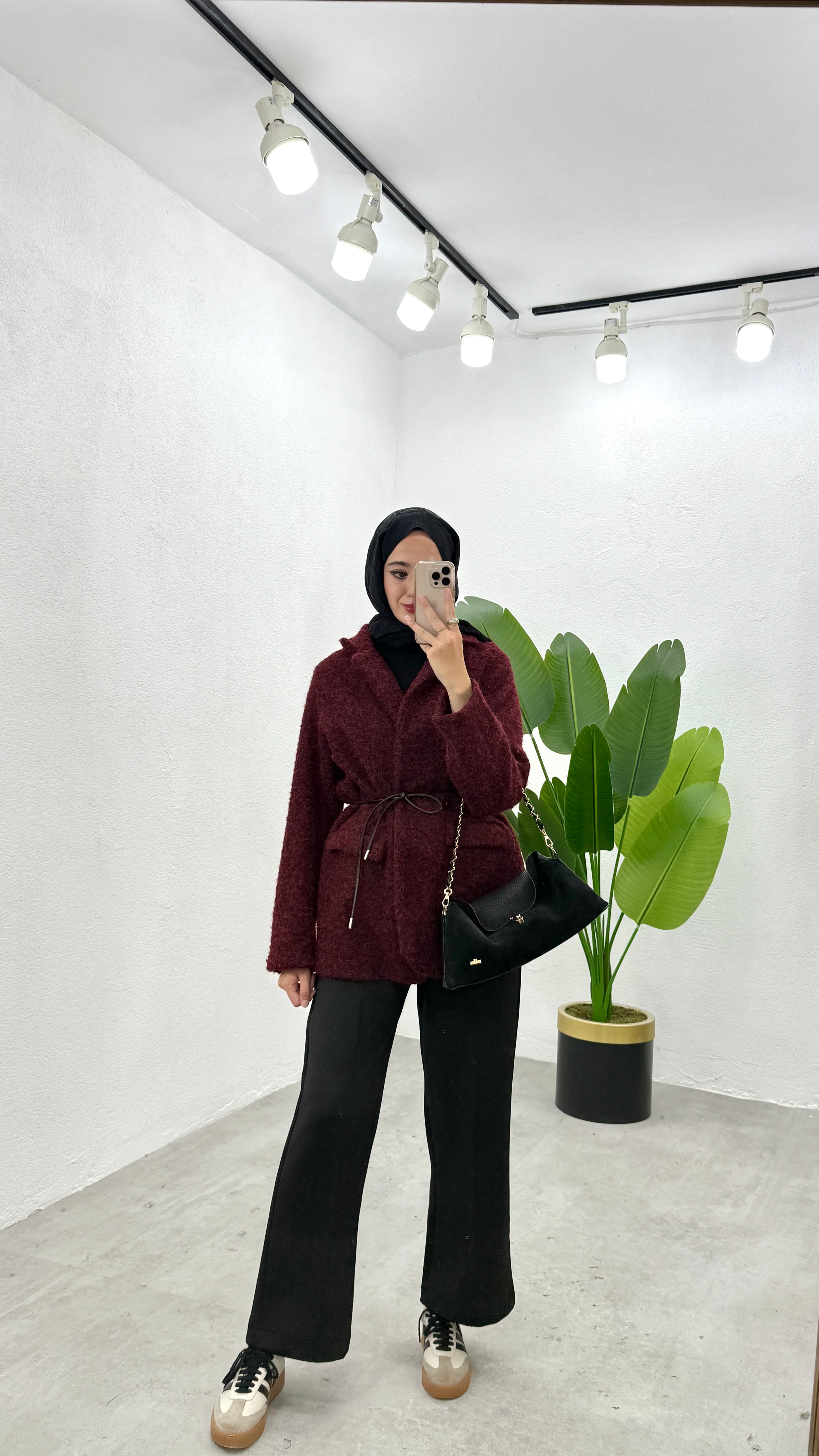 Kemerli Kaşe Ceket - Bordo