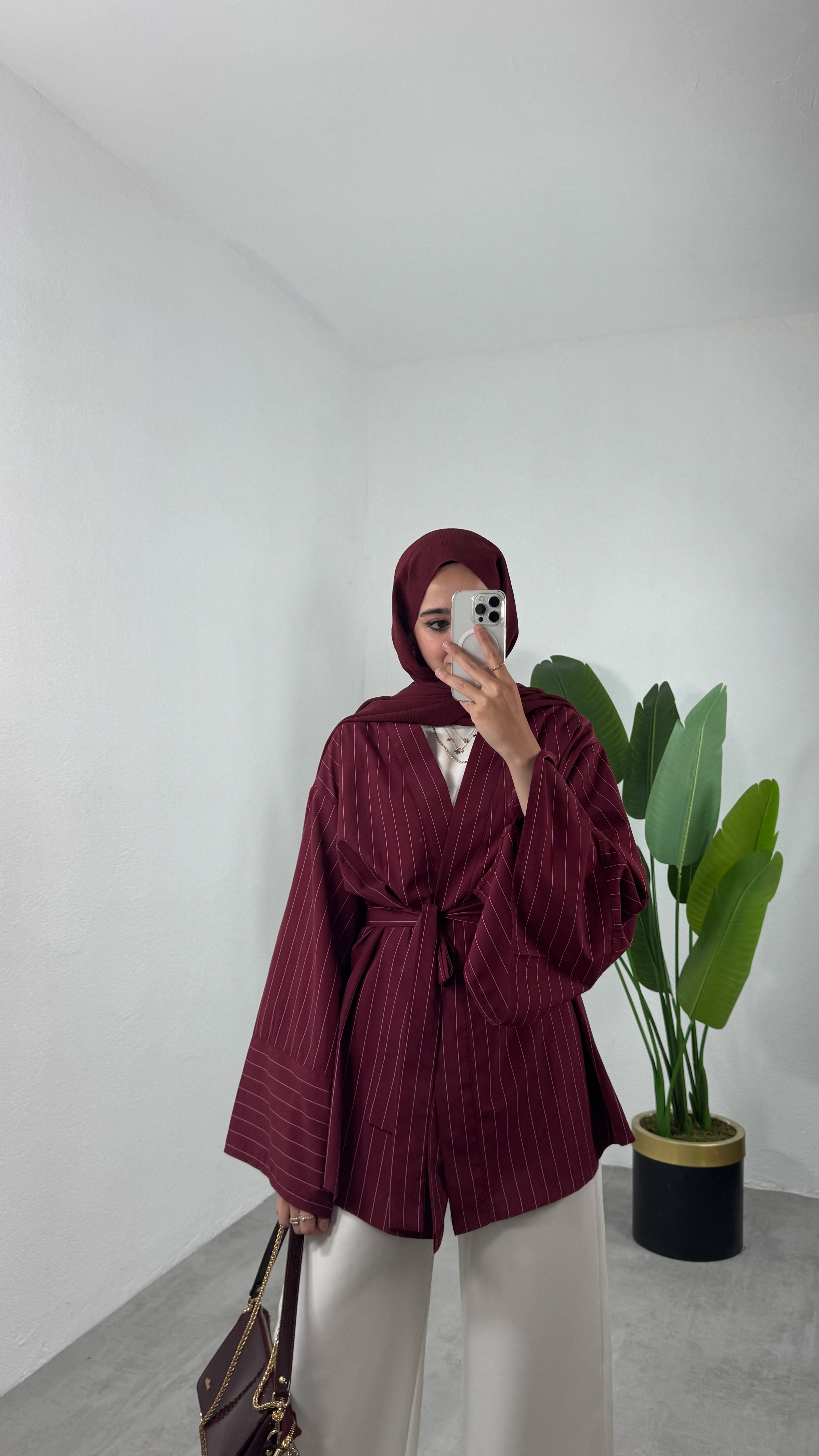 Çizgili Kimono Takım - Bordo