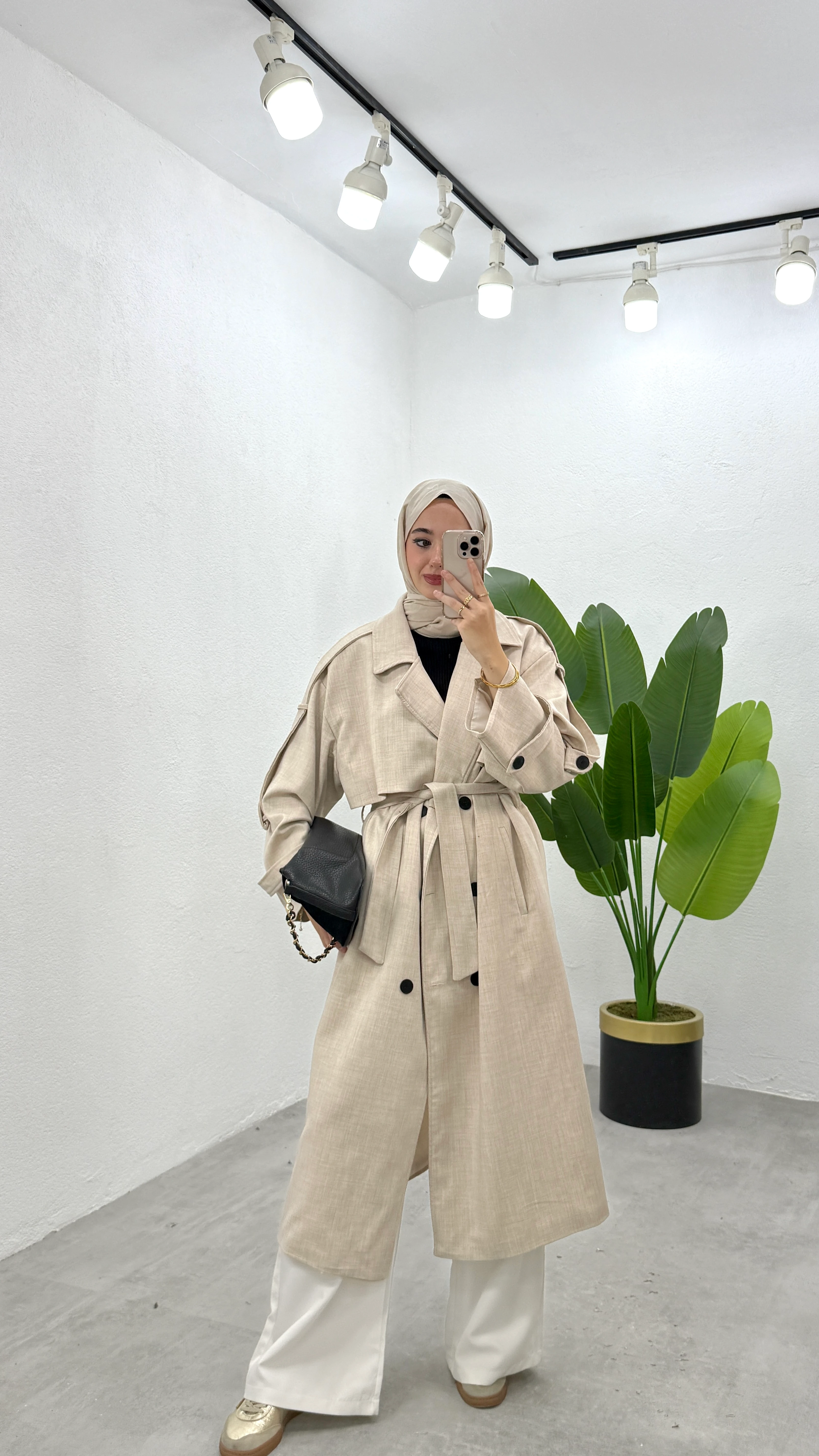 Tasarım Astarlı Trençkot - Bej