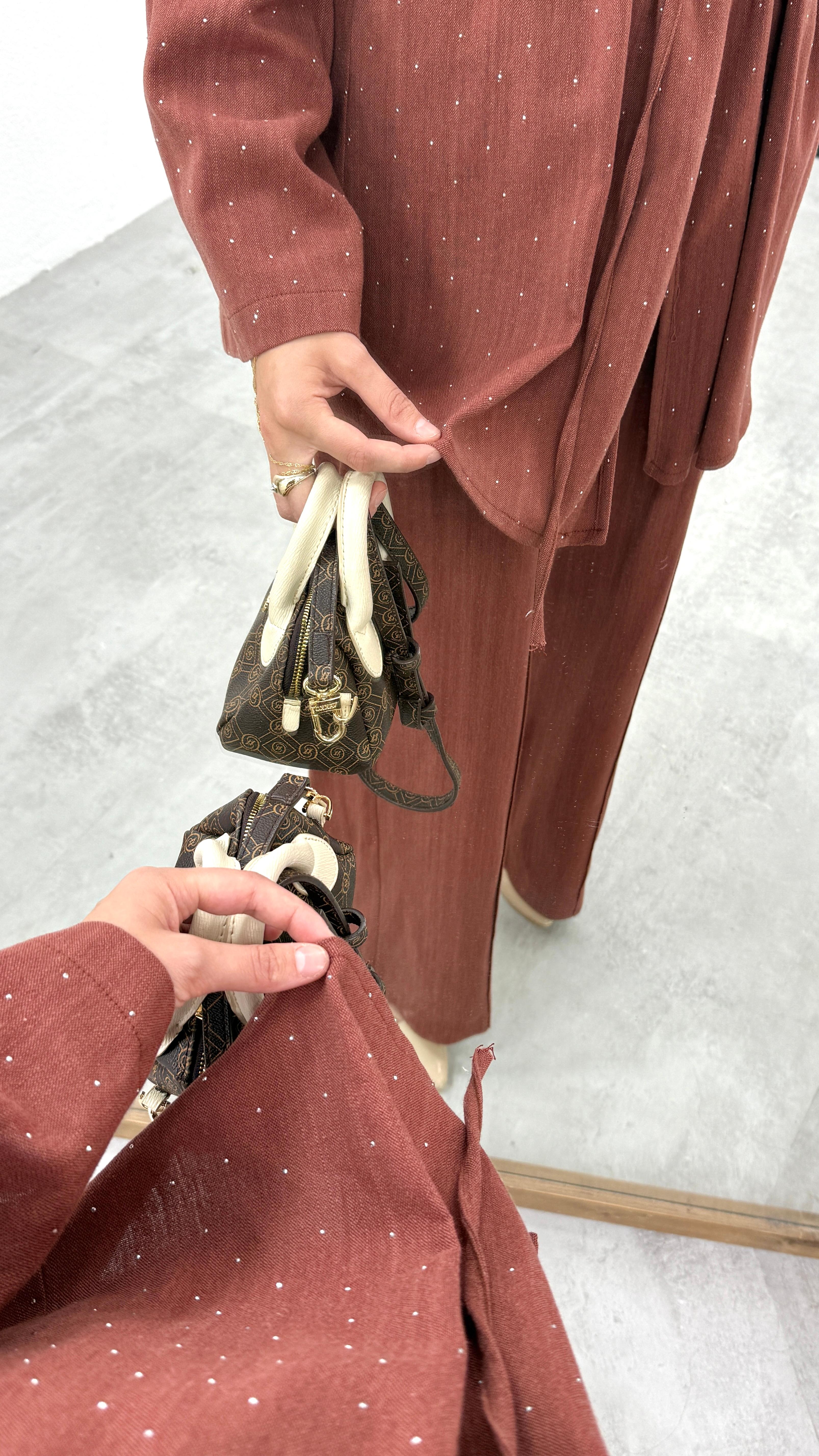 Taşlı Keten Kimono Takım - Kiremit