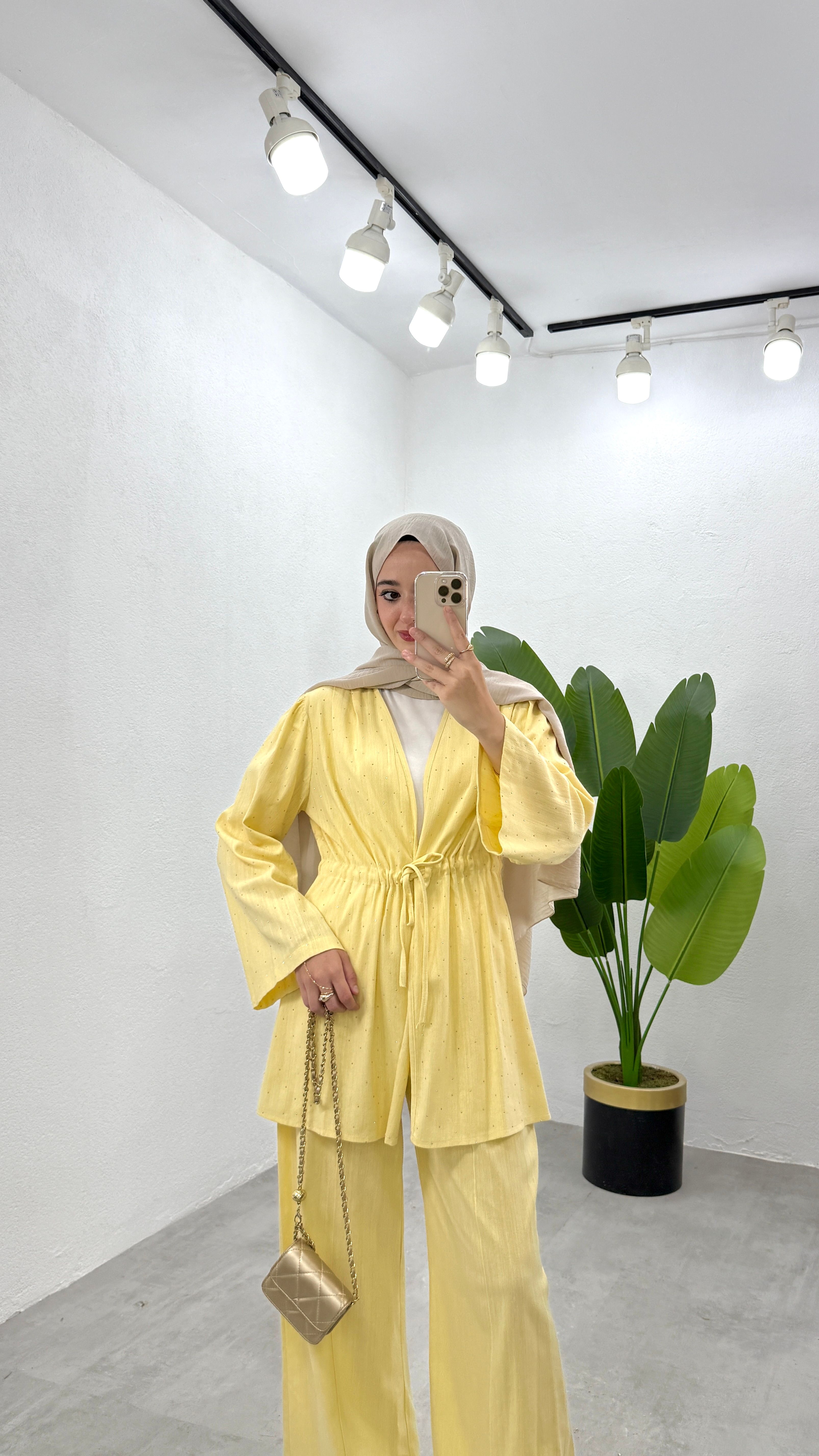 Taşlı Keten Kimono Takım - Sarı