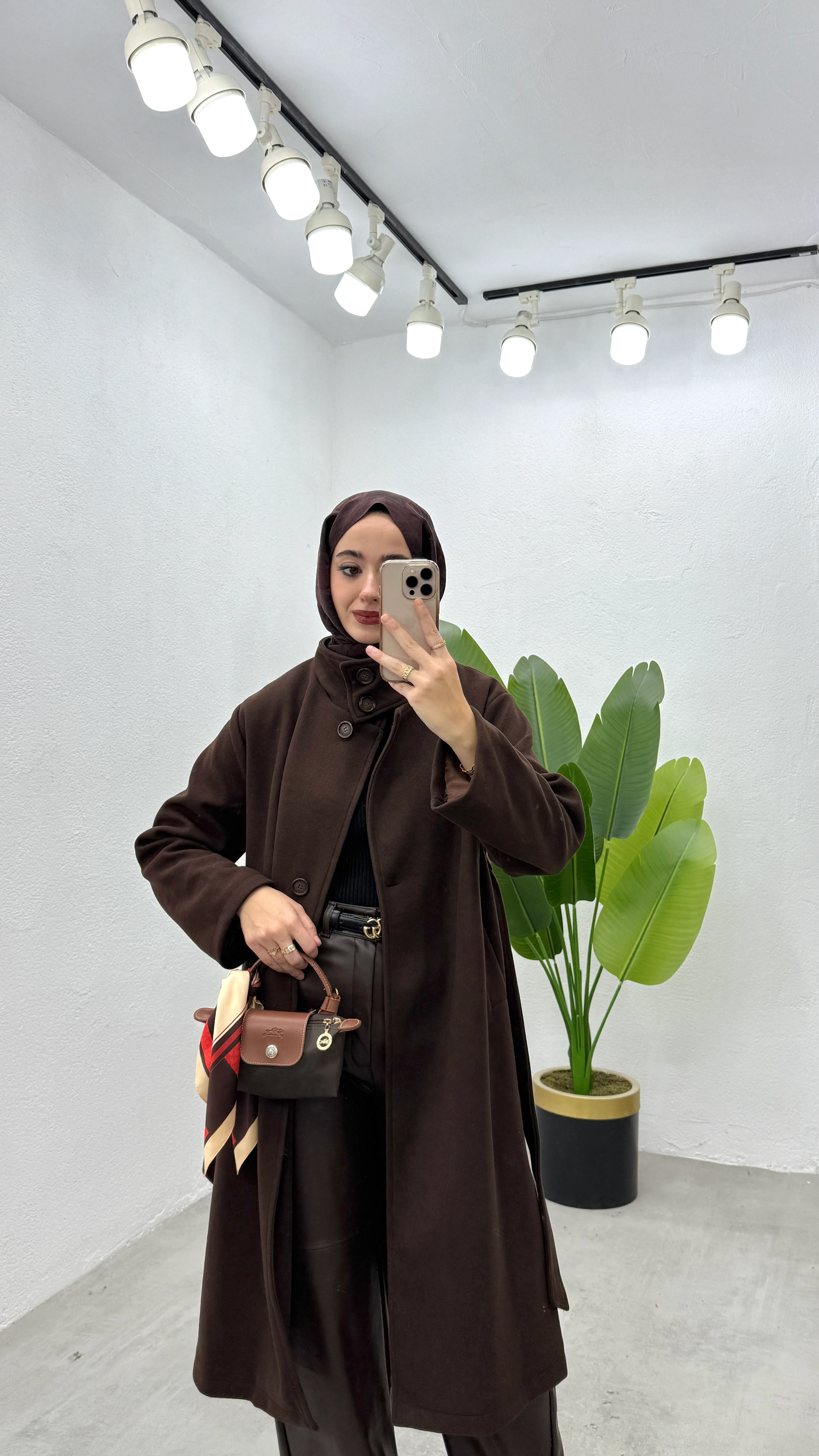 Uzun Dik Yaka Kaşe Kaban - Kahve