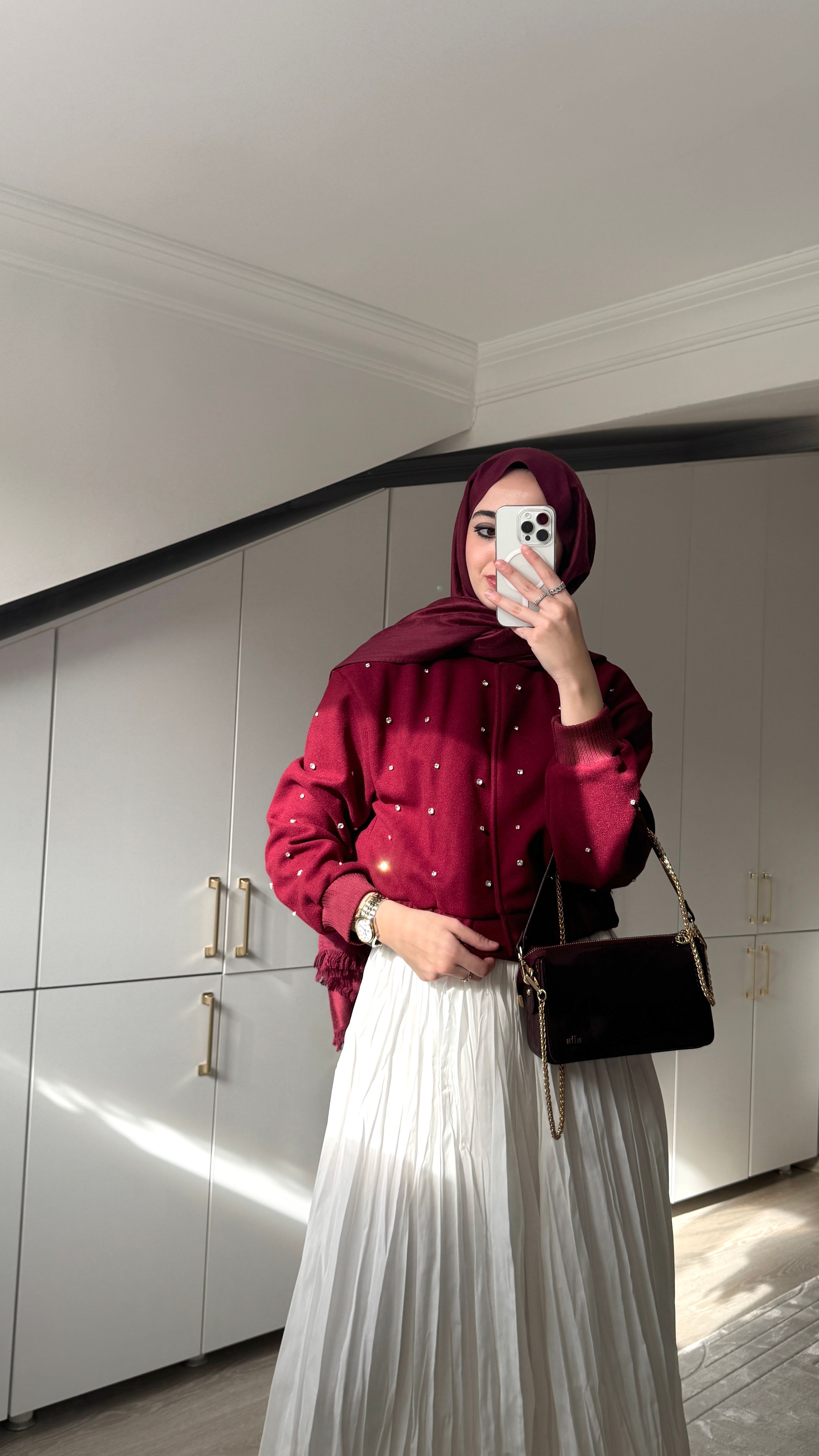 Taşlı Bomber Kaşe Ceket - Bordo