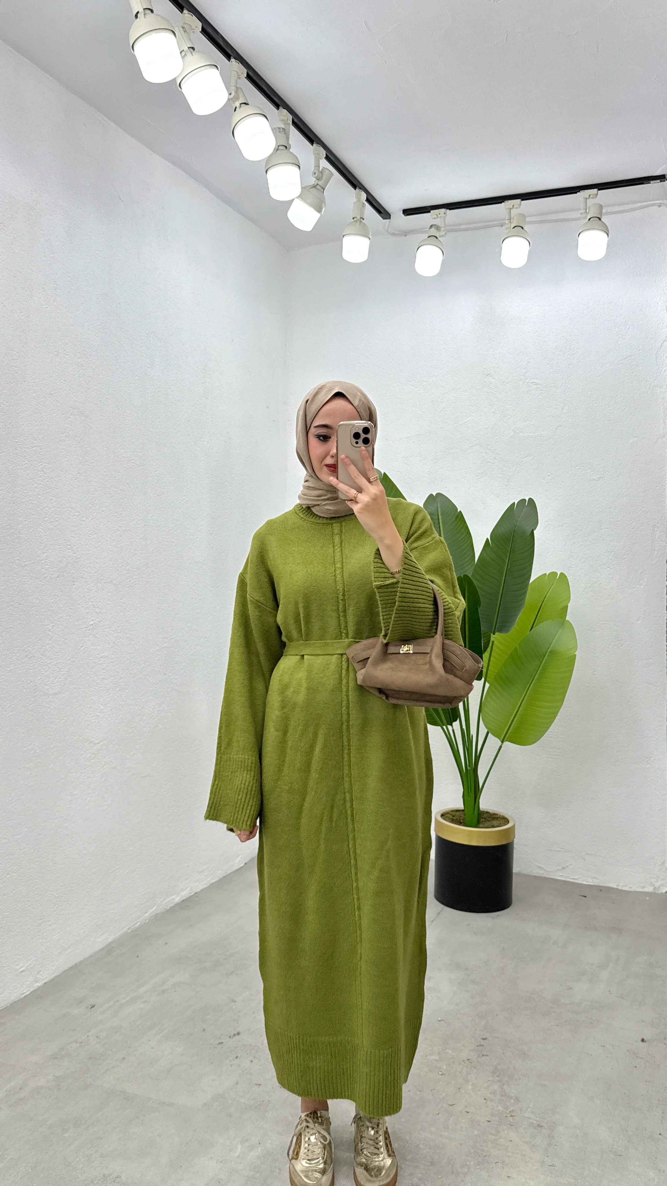 Basic Triko Elbise - Yeşil