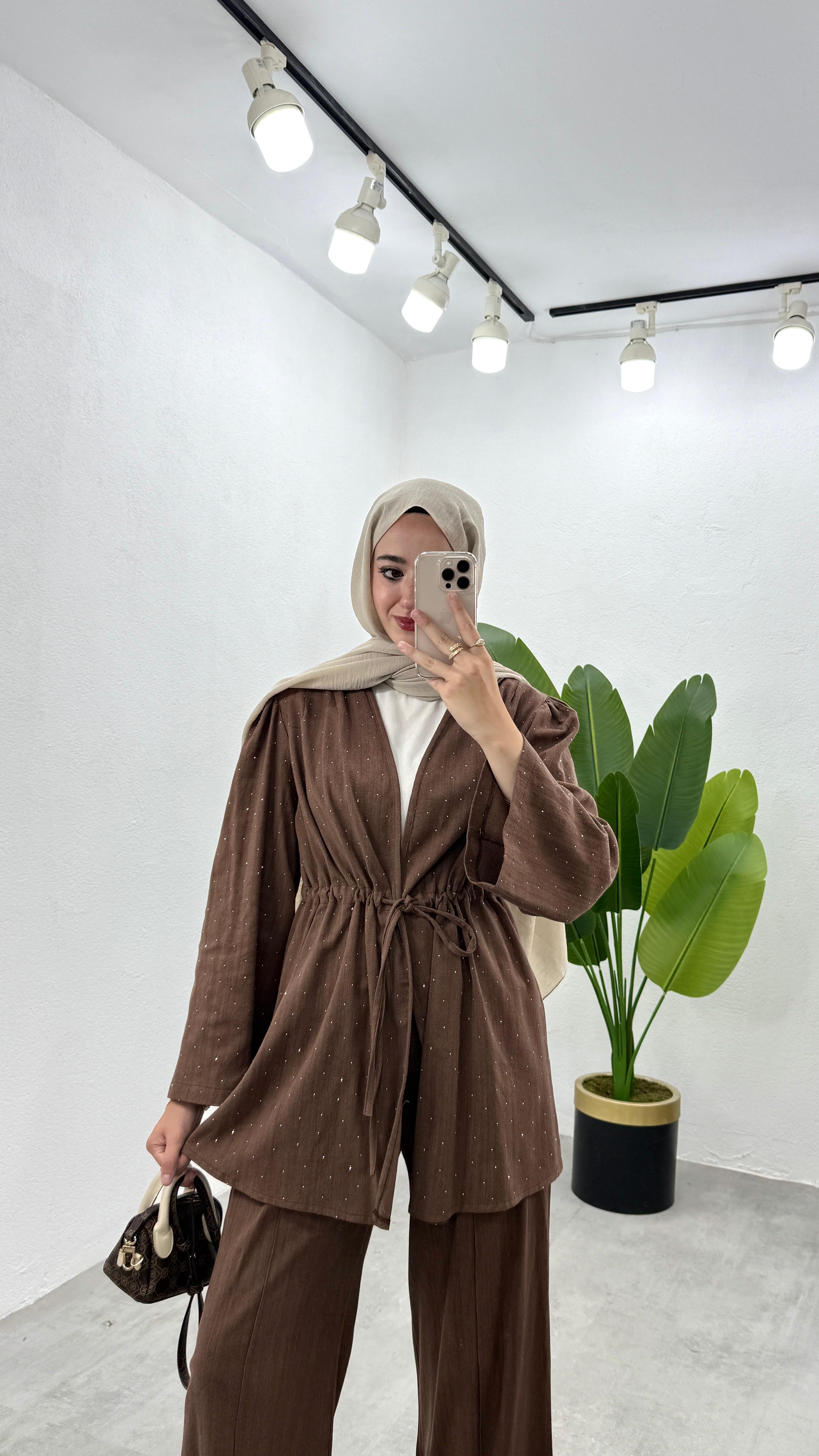 Taşlı Keten Kimono Takım - Kahve