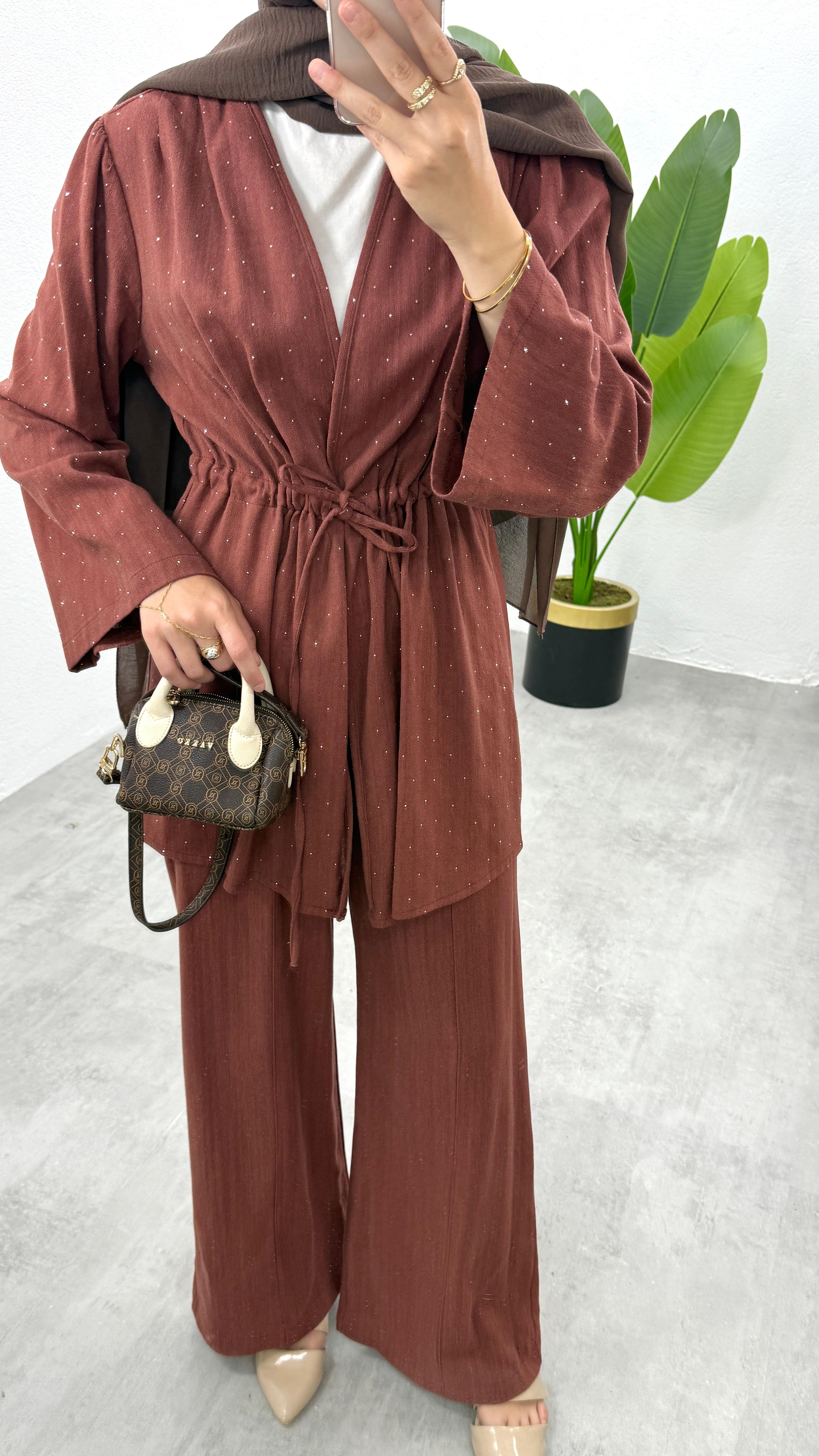 Taşlı Keten Kimono Takım - Kiremit
