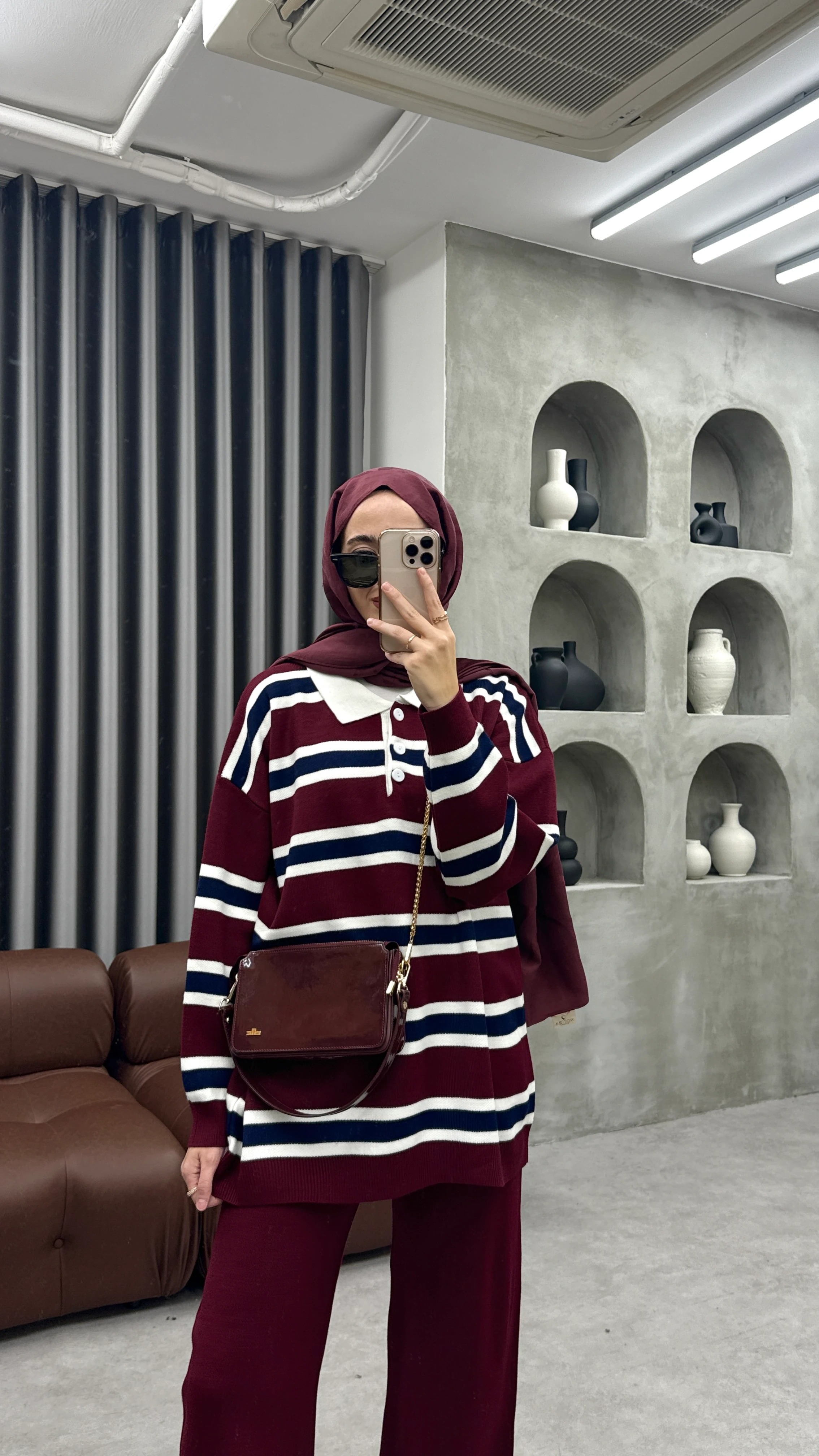 Çizgili Triko Takım - Bordo