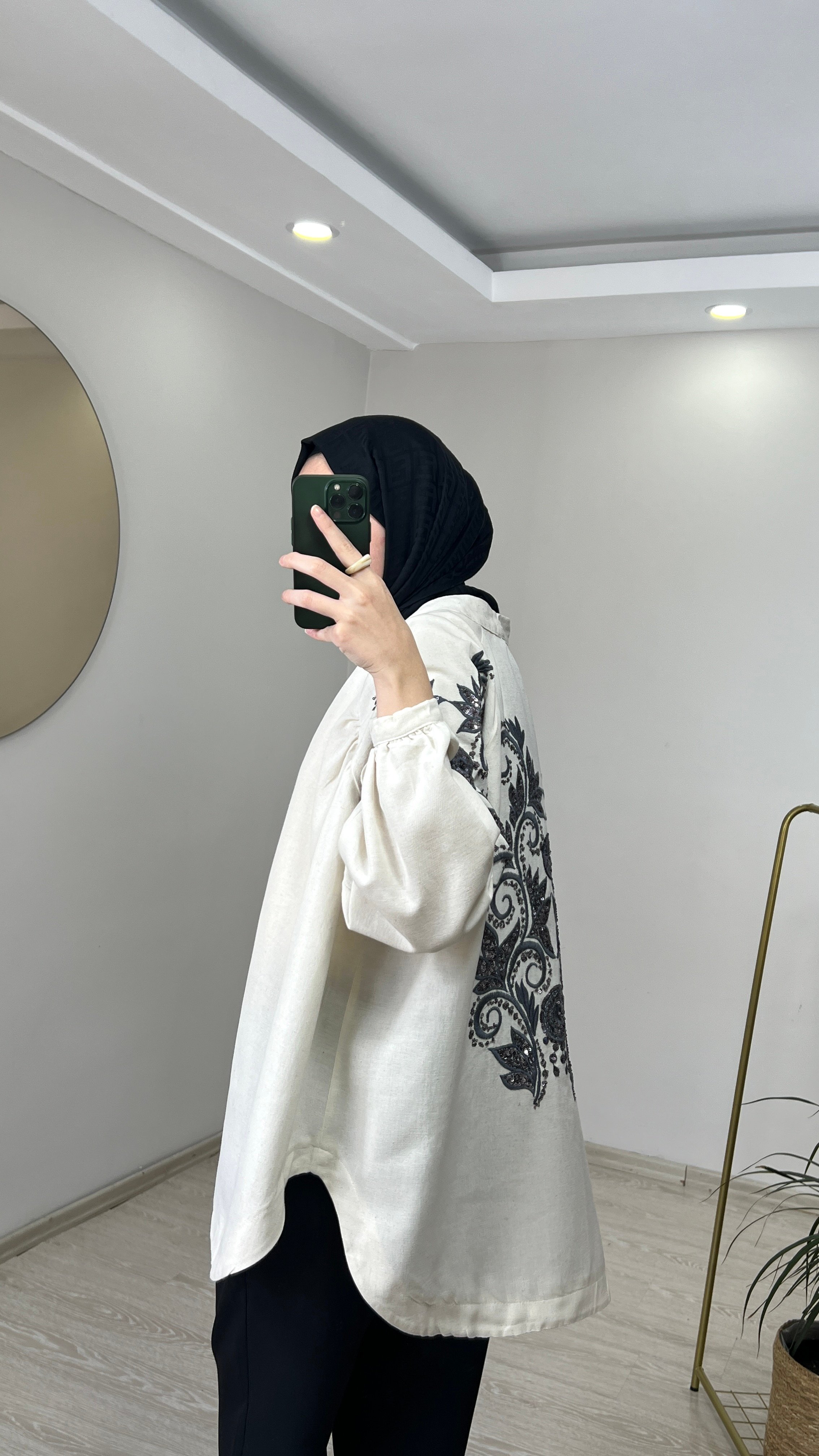 Zambak Desenli Keten Kimono - Ekru