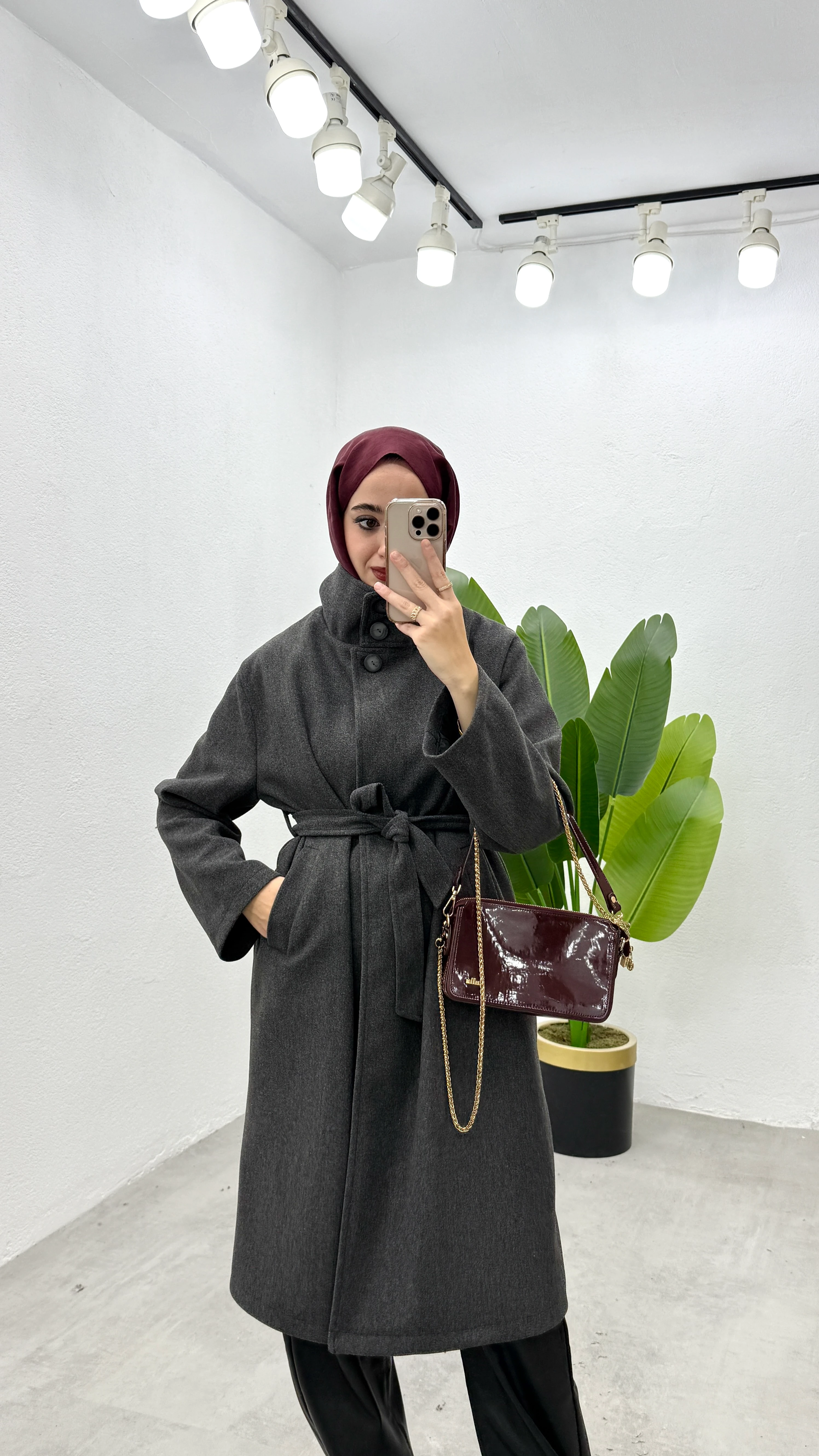 Uzun Dik Yaka Kaşe Kaban - Antrasit