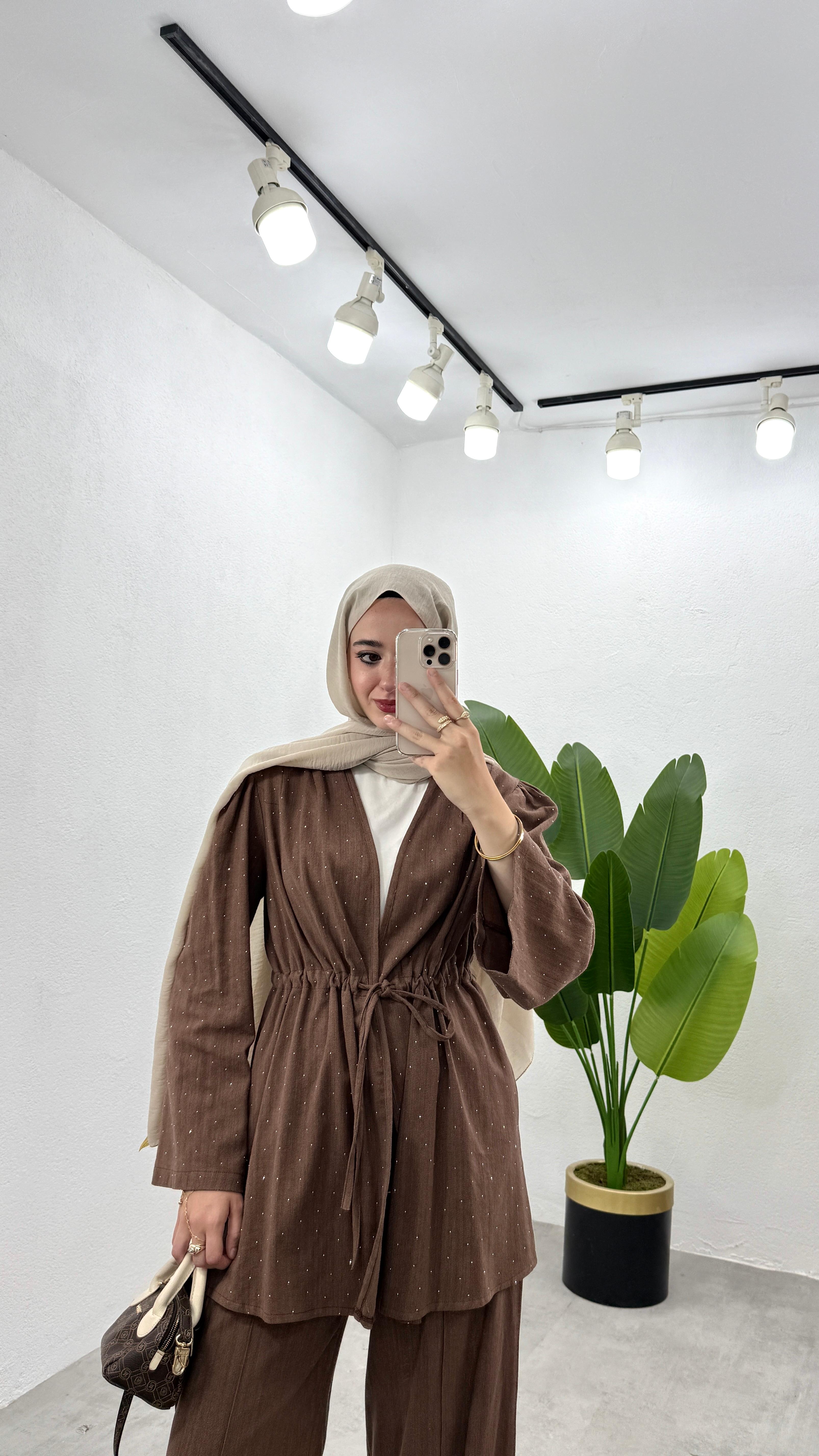 Taşlı Keten Kimono Takım - Kahve