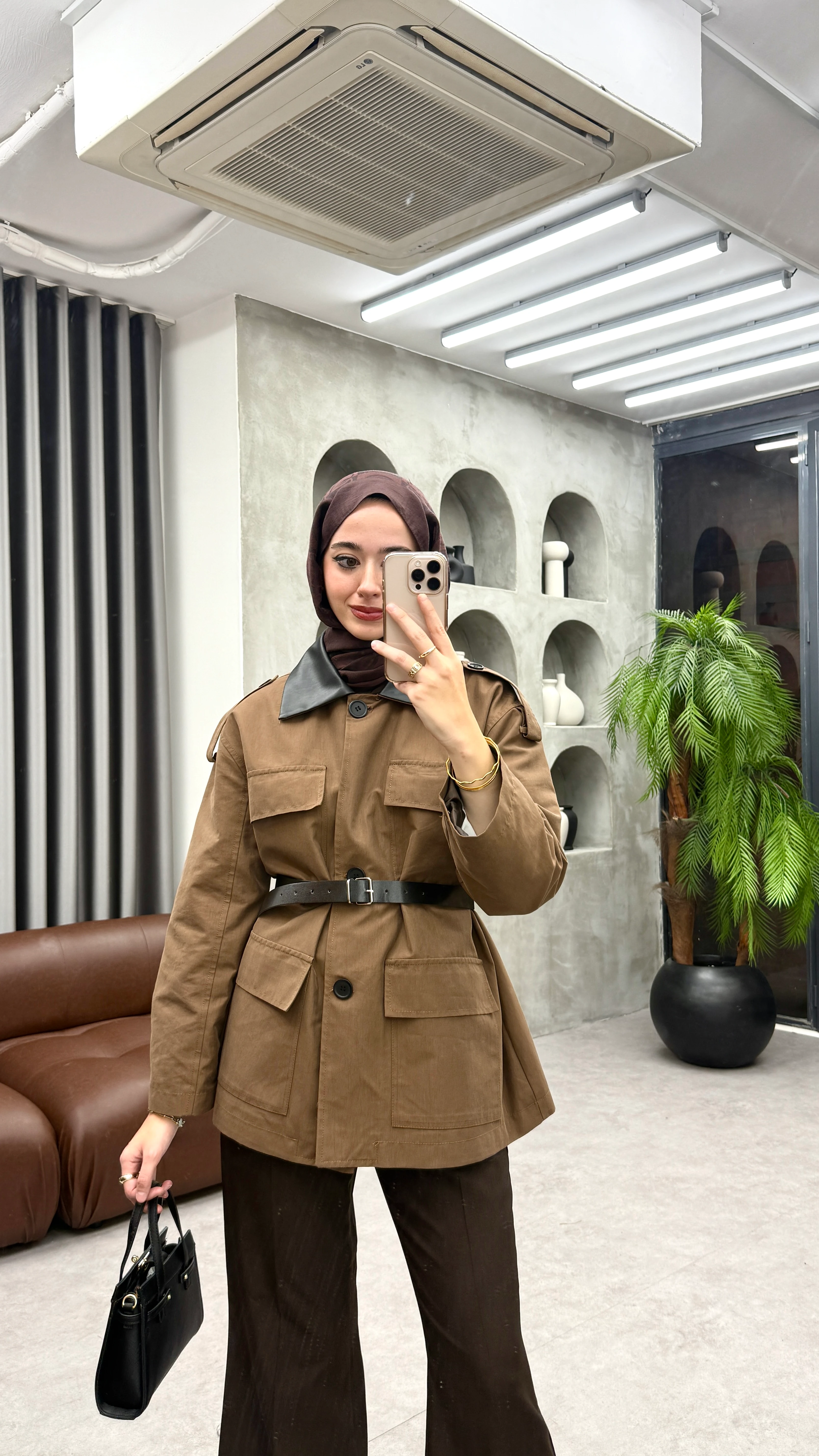 Deri Yakalı Muadil Trenç   - Kahve