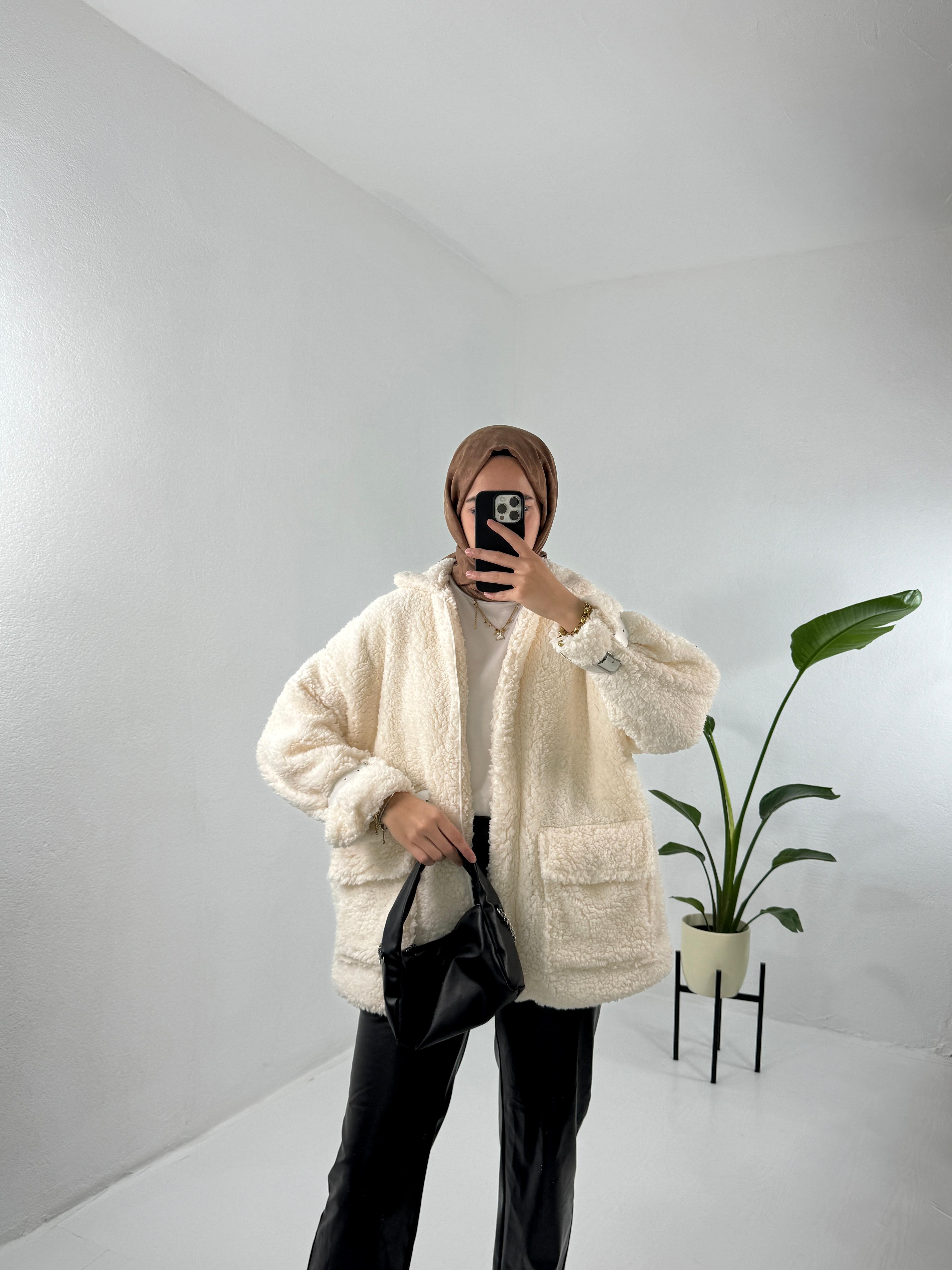 Soft Peluş Ceket Mont - Ekru