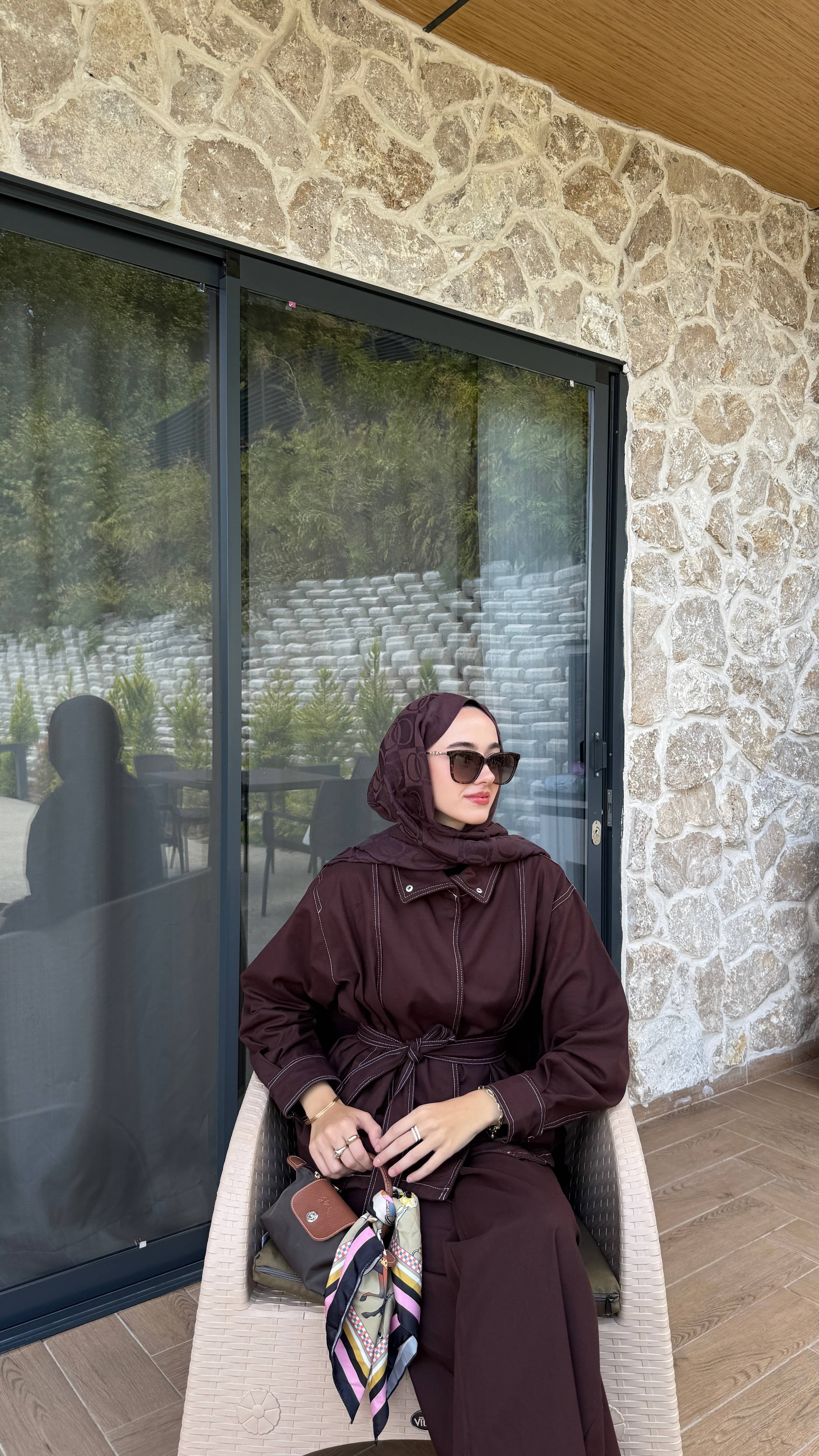Kontrast Dikişli Gabardin Takım  - Kahve