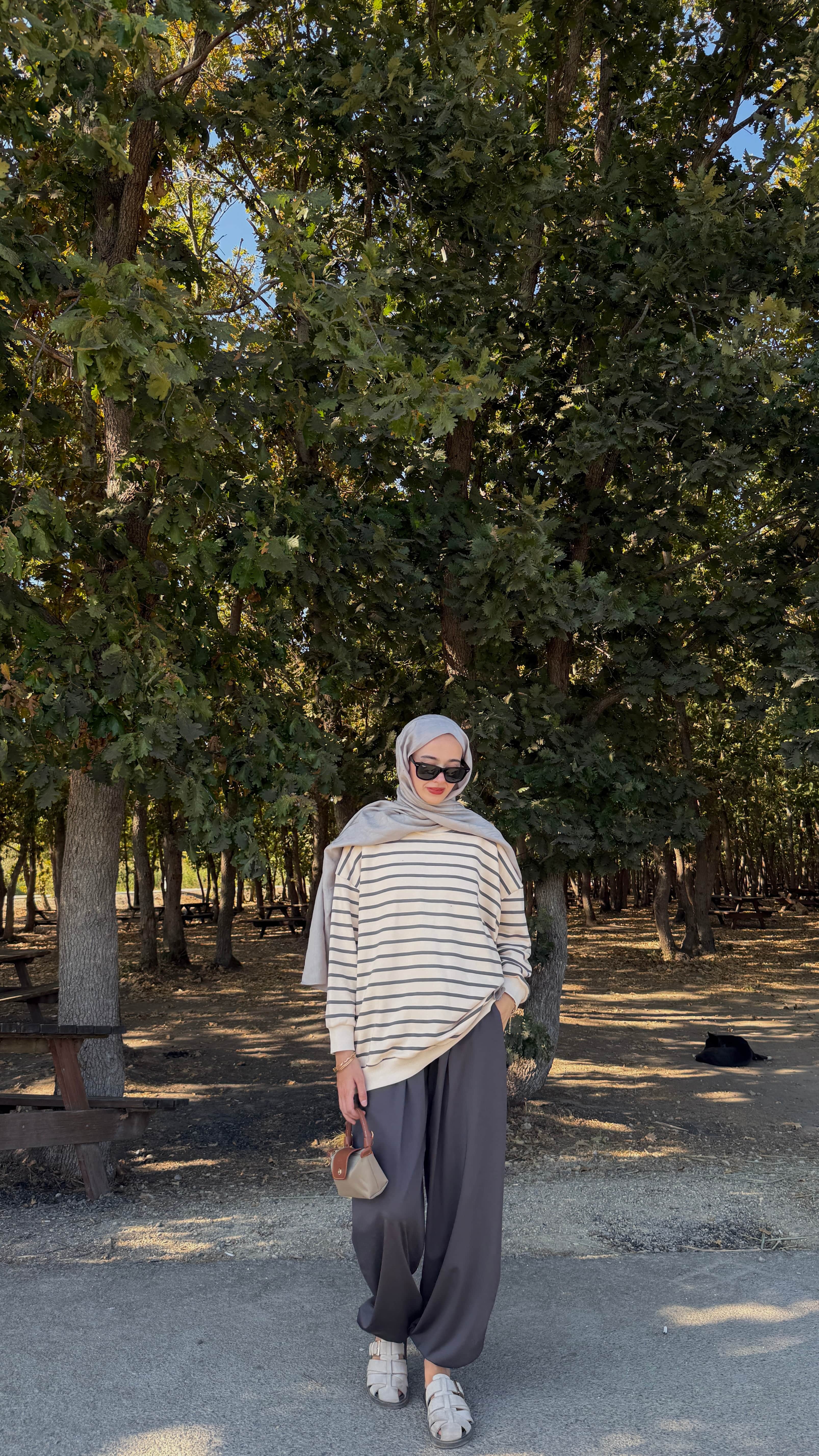 Çizgili Oversize Sweat - Gri