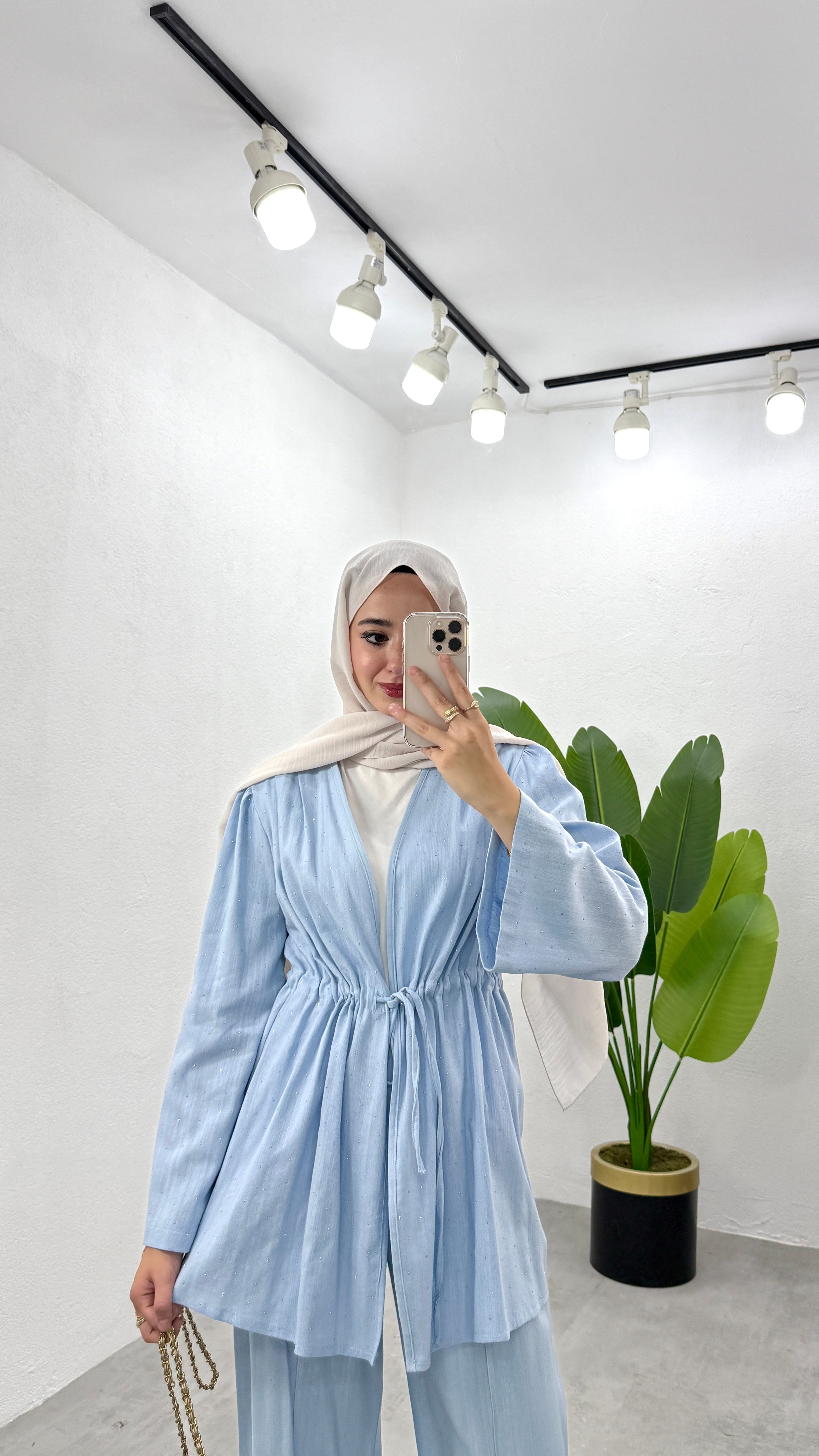 Taşlı Keten Kimono Takım - Mavi
