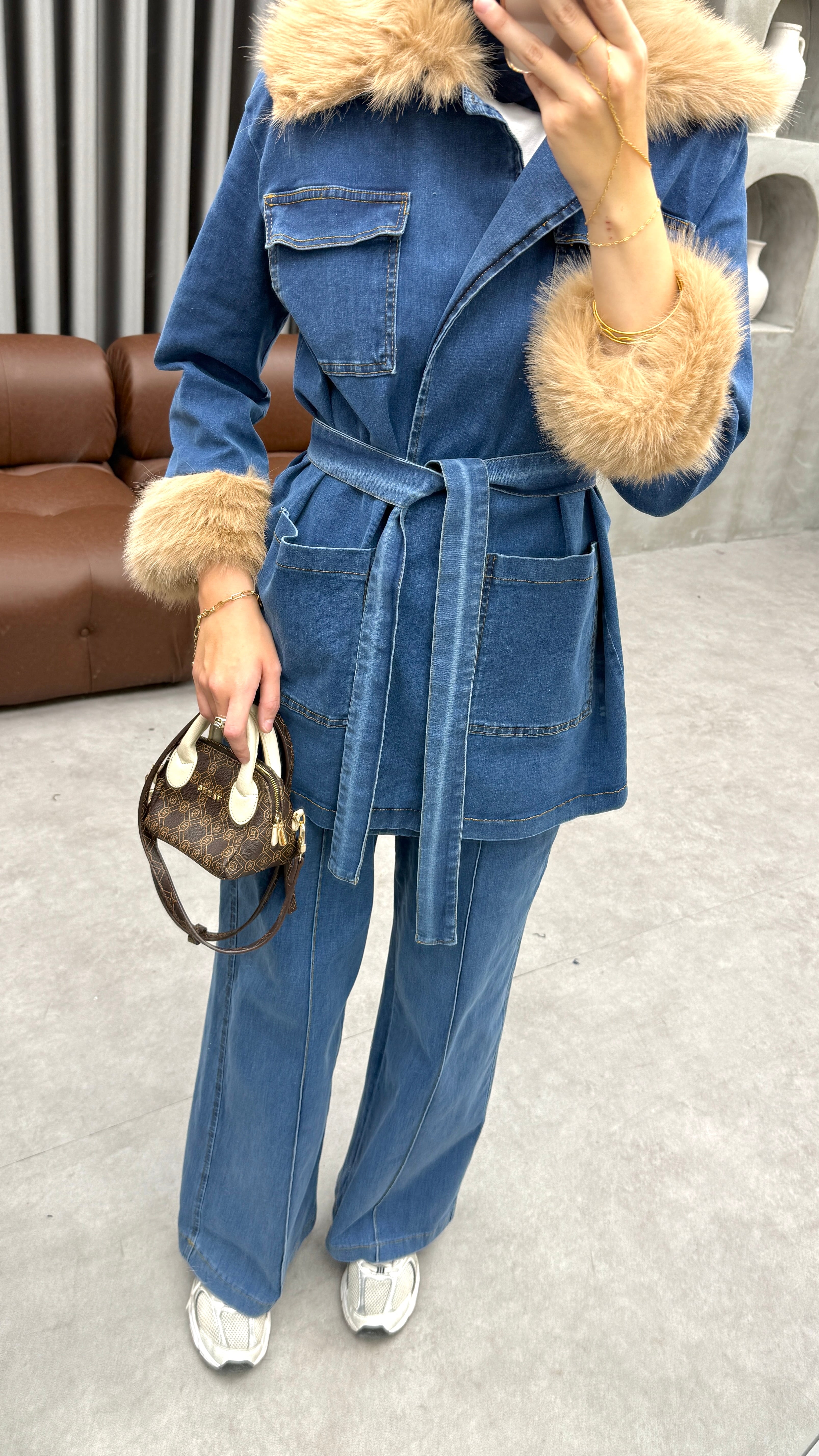 Kürklü Denim Takım