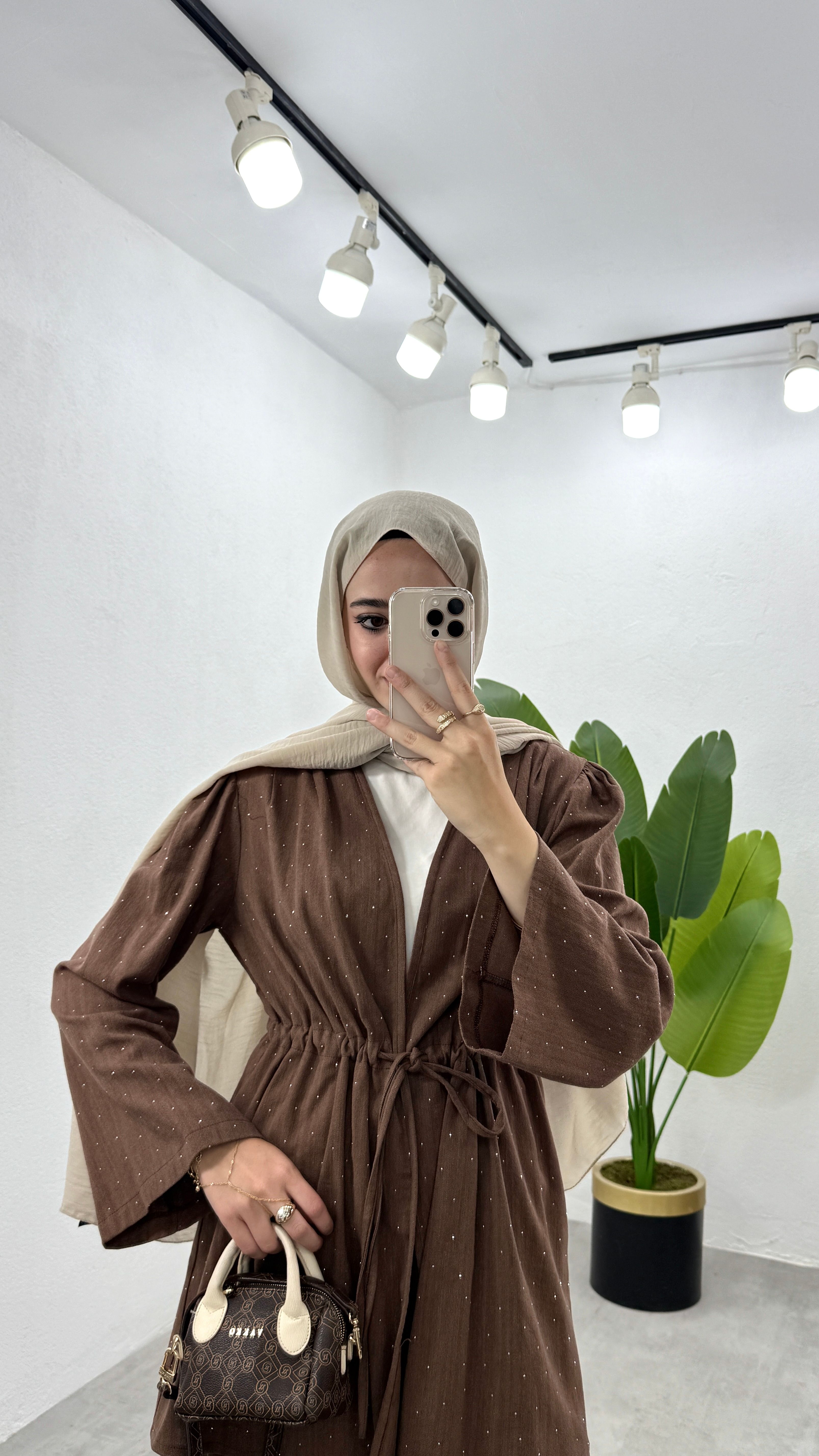 Taşlı Keten Kimono Takım - Kahve