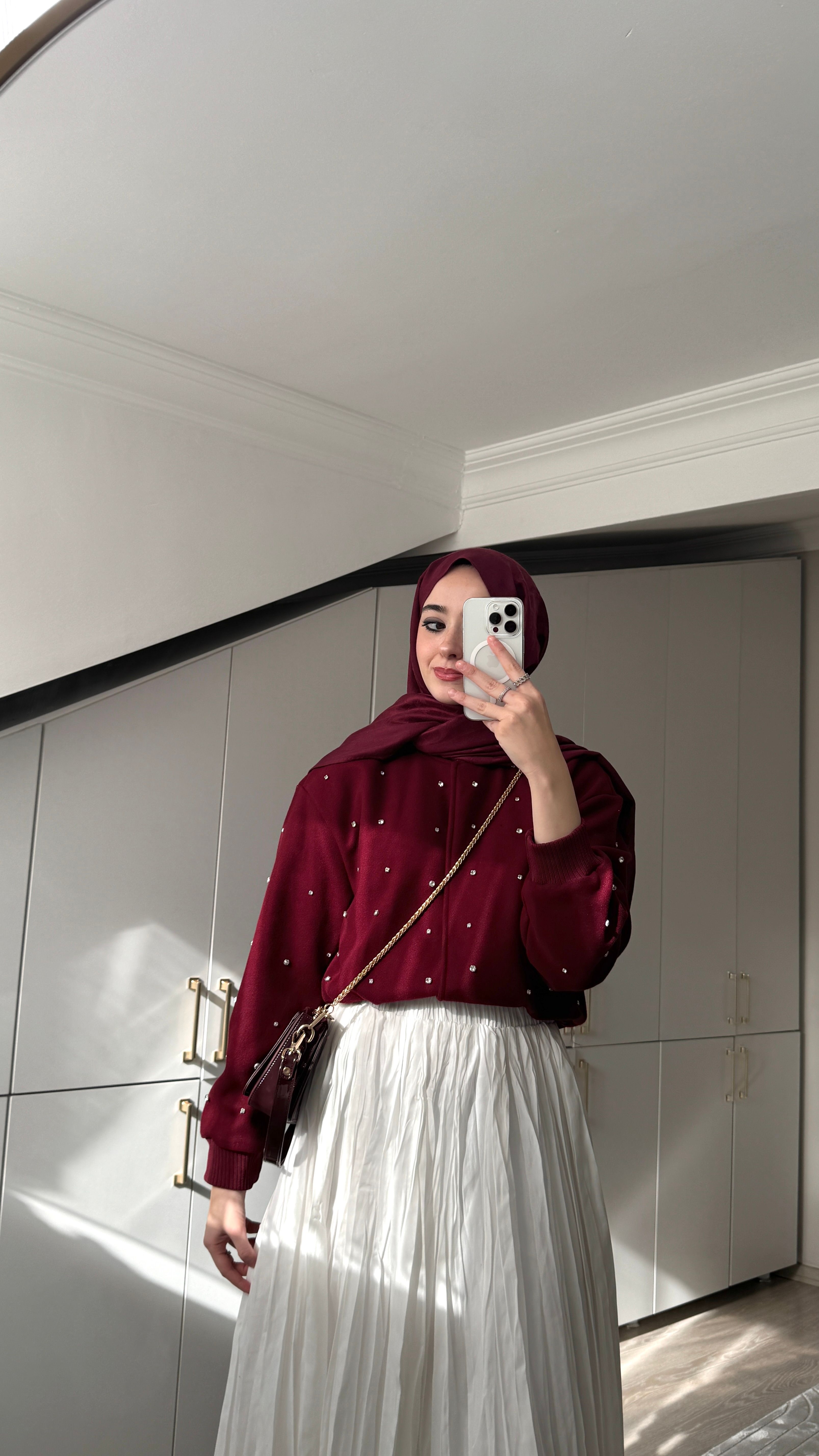 Taşlı Bomber Kaşe Ceket - Bordo