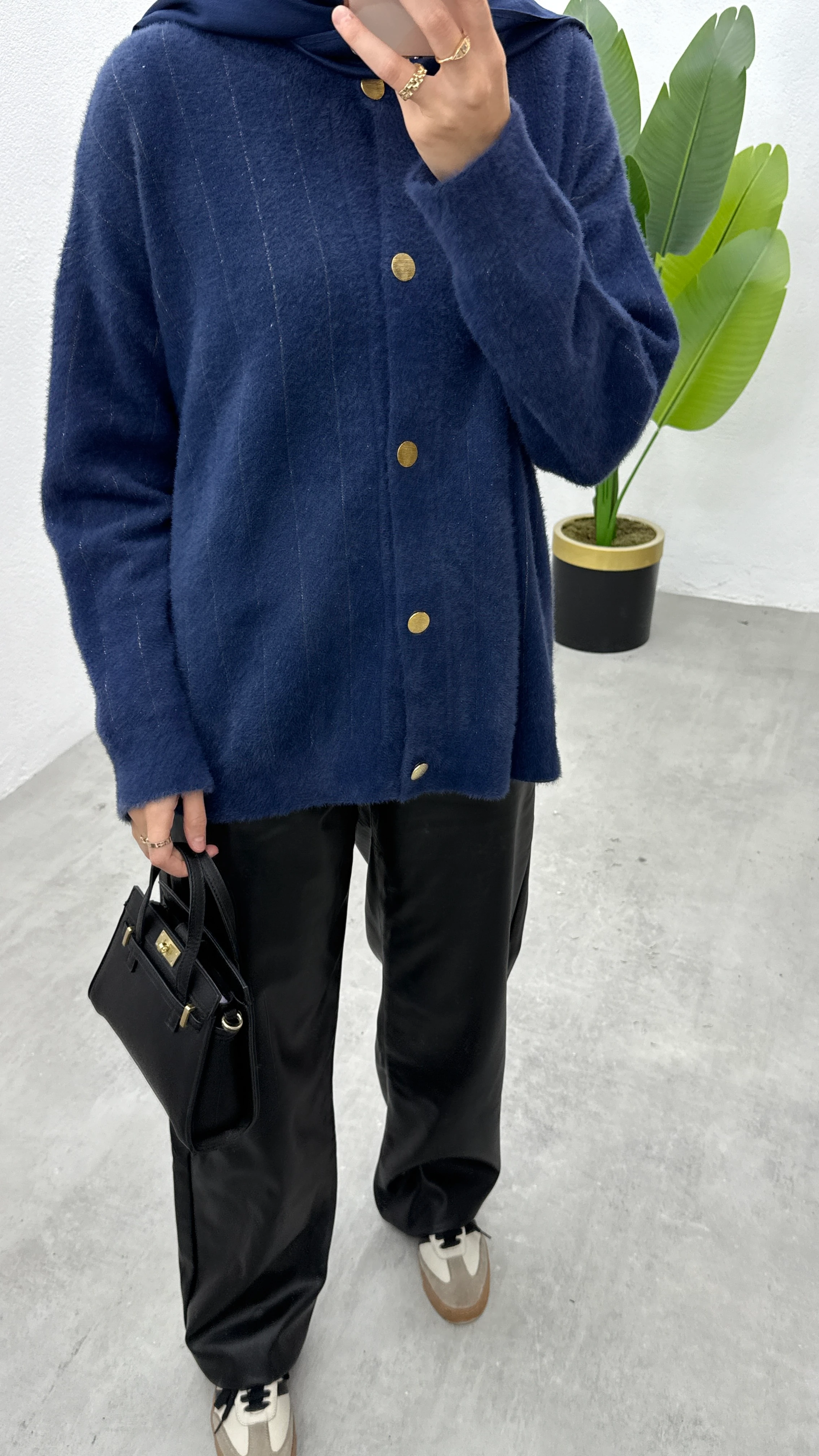 Simli Düğmeli Hırka - Mavi