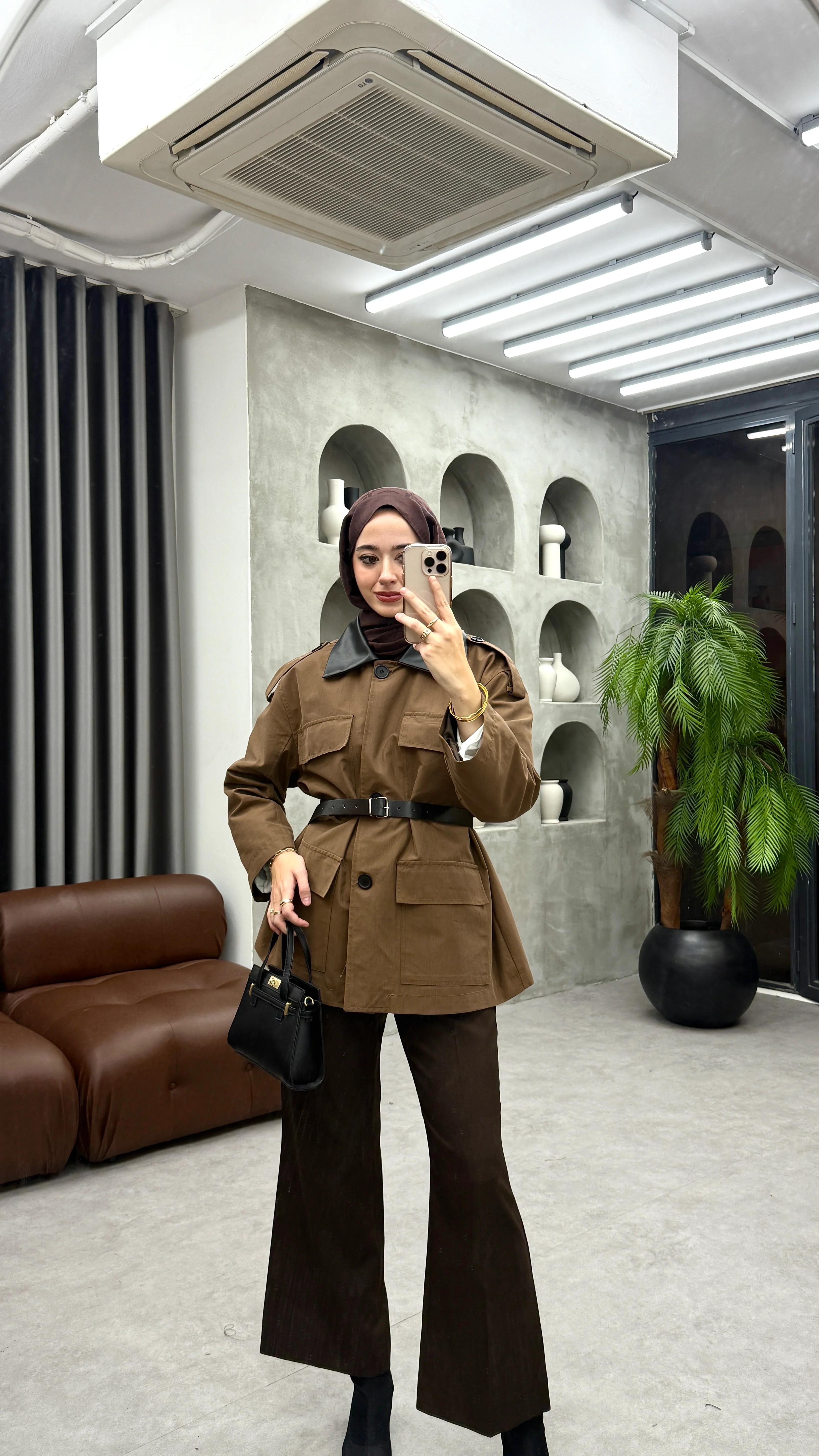 Deri Yakalı Muadil Trenç   - Kahve