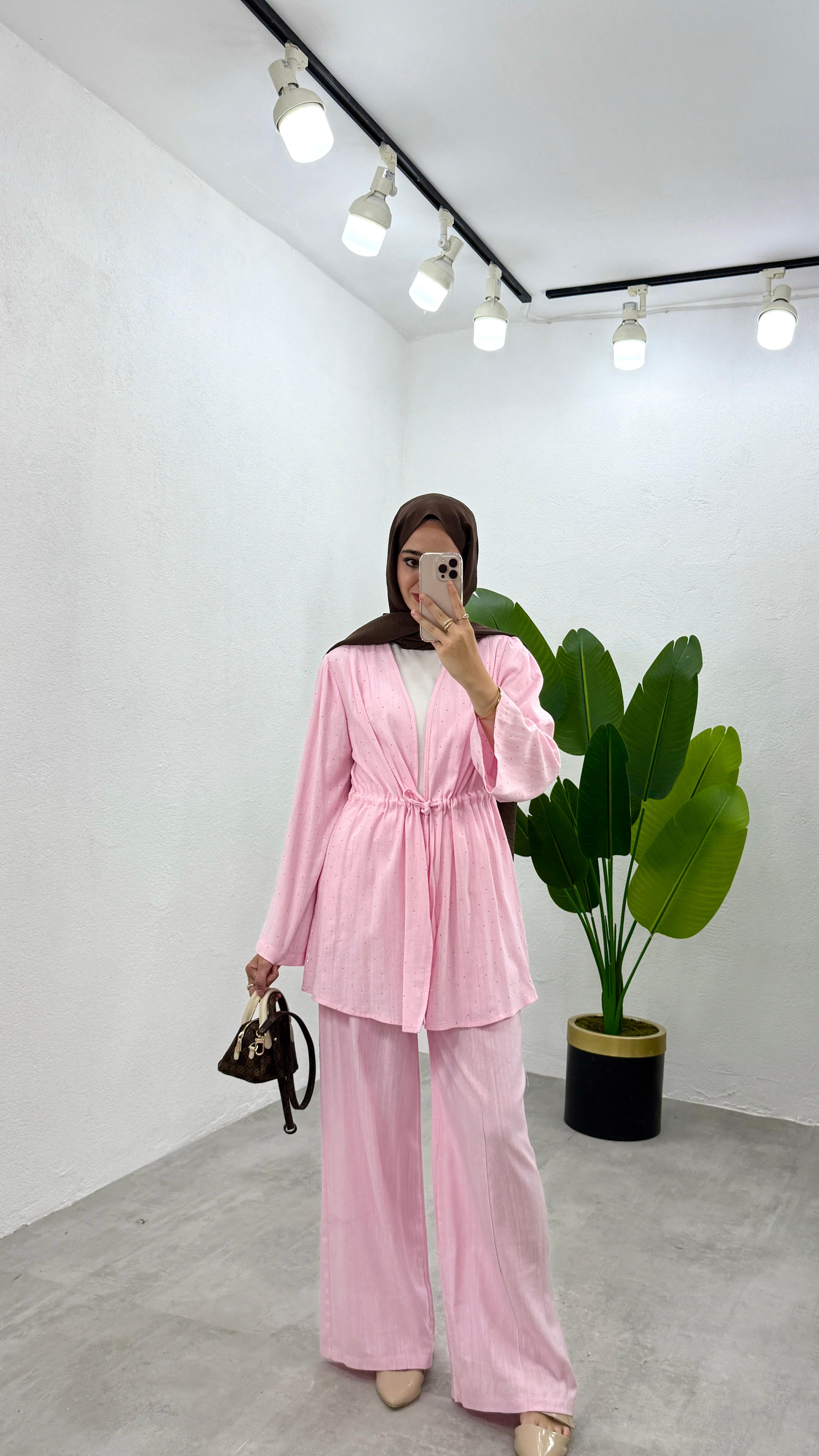 Taşlı Keten Kimono Takım - Pembe