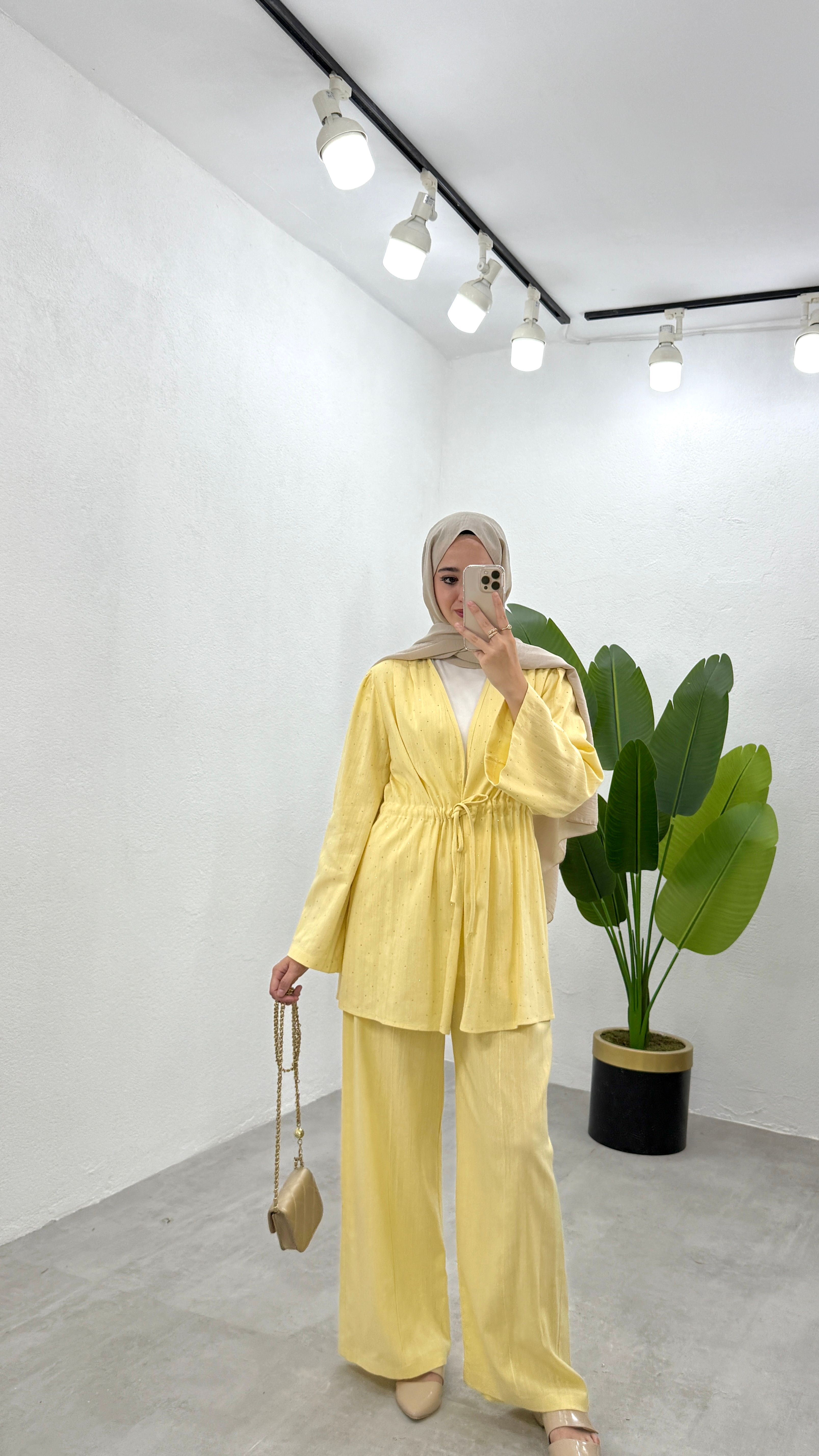 Taşlı Keten Kimono Takım - Sarı