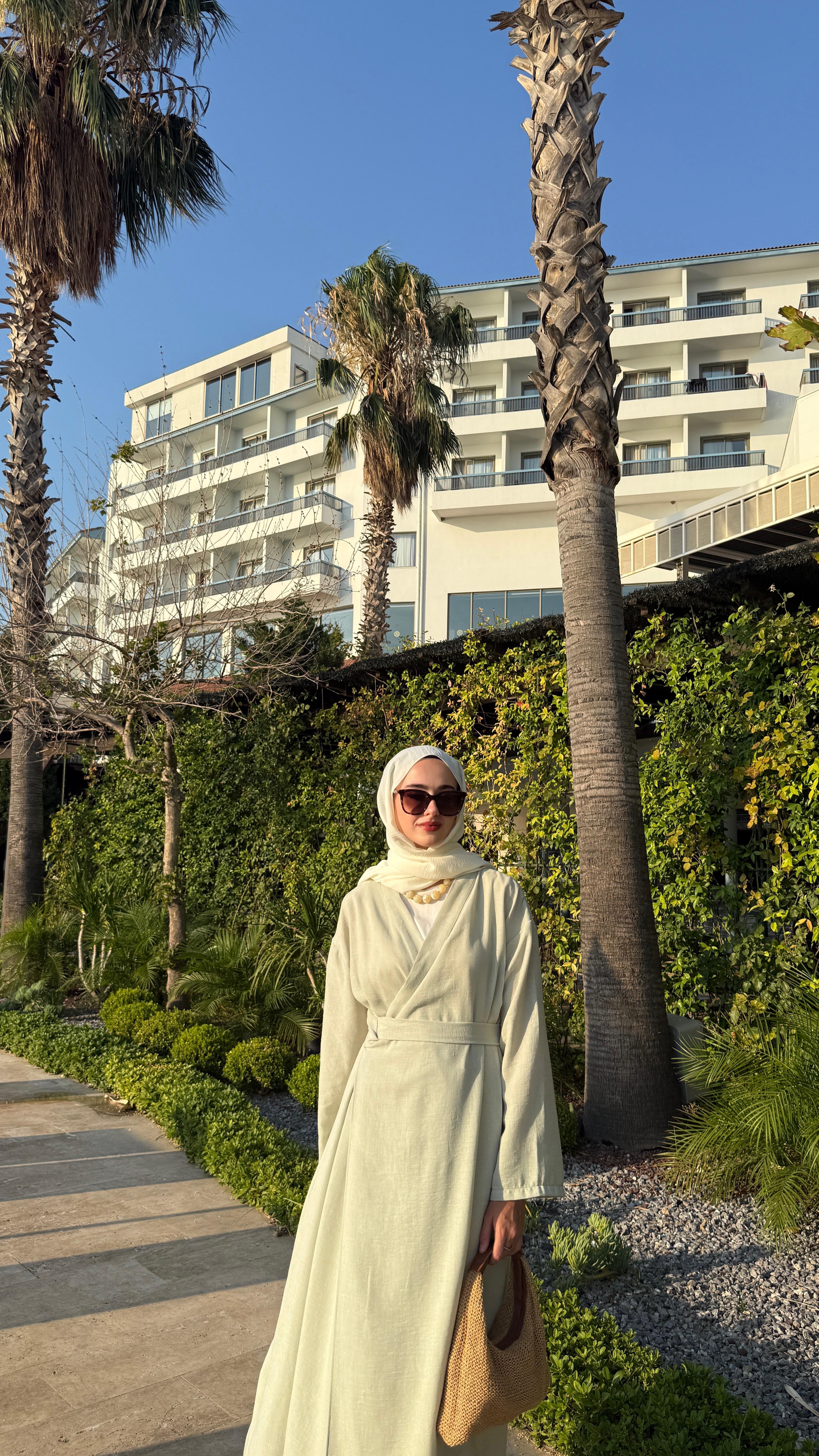 Keten Bağlamalı Abaya - Çağla