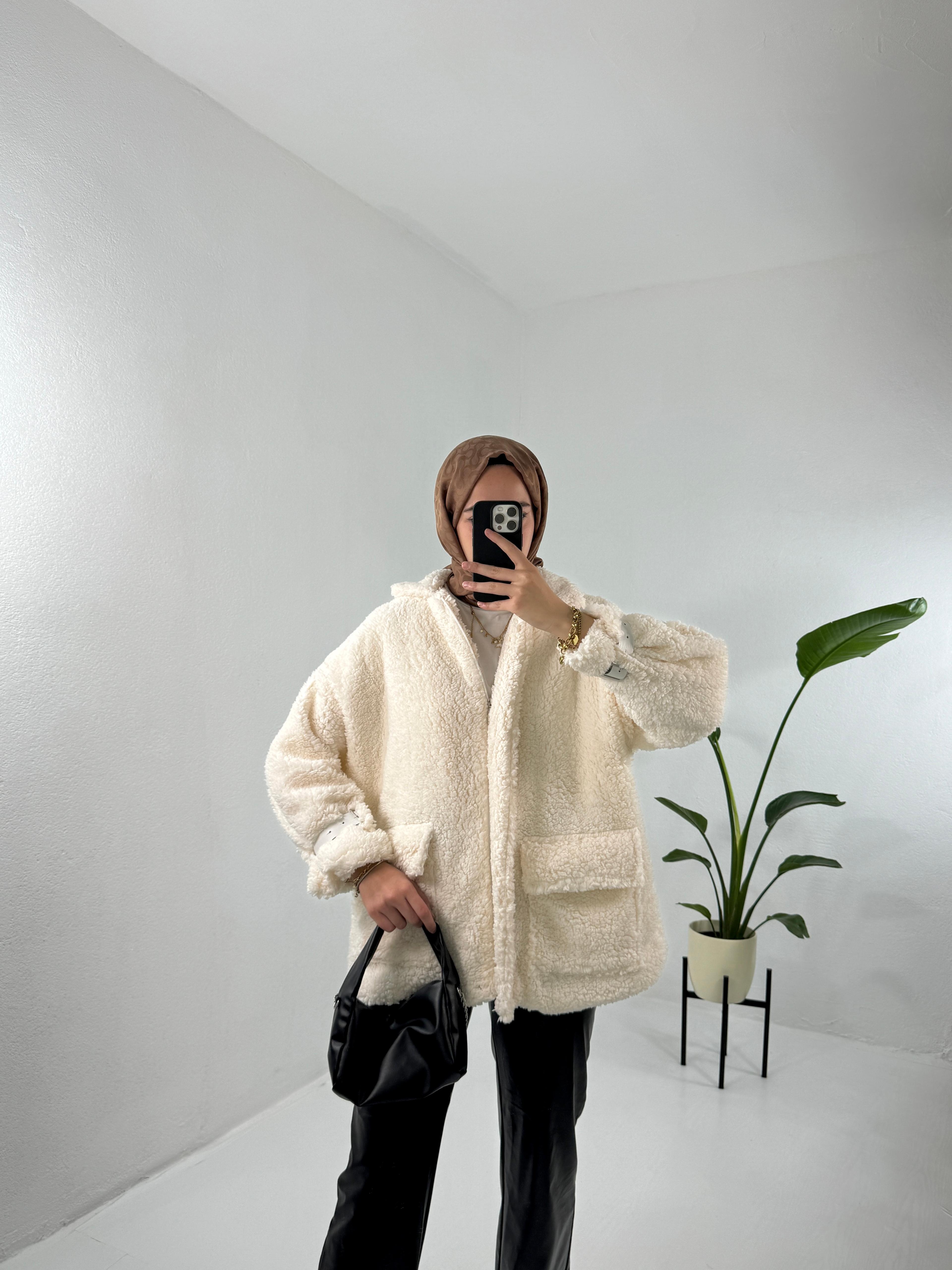 Soft Peluş Ceket Mont - Ekru