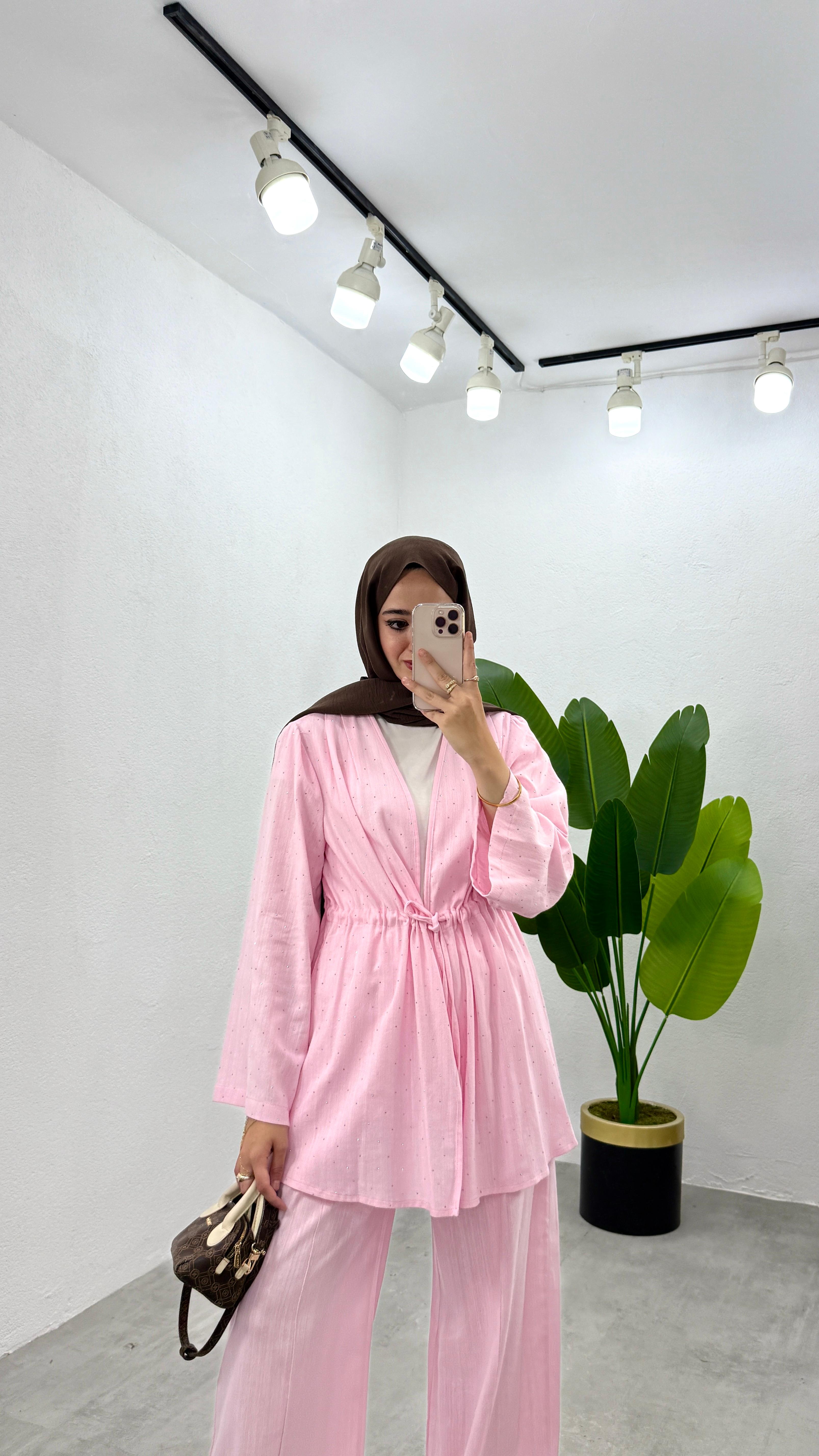 Taşlı Keten Kimono Takım - Pembe