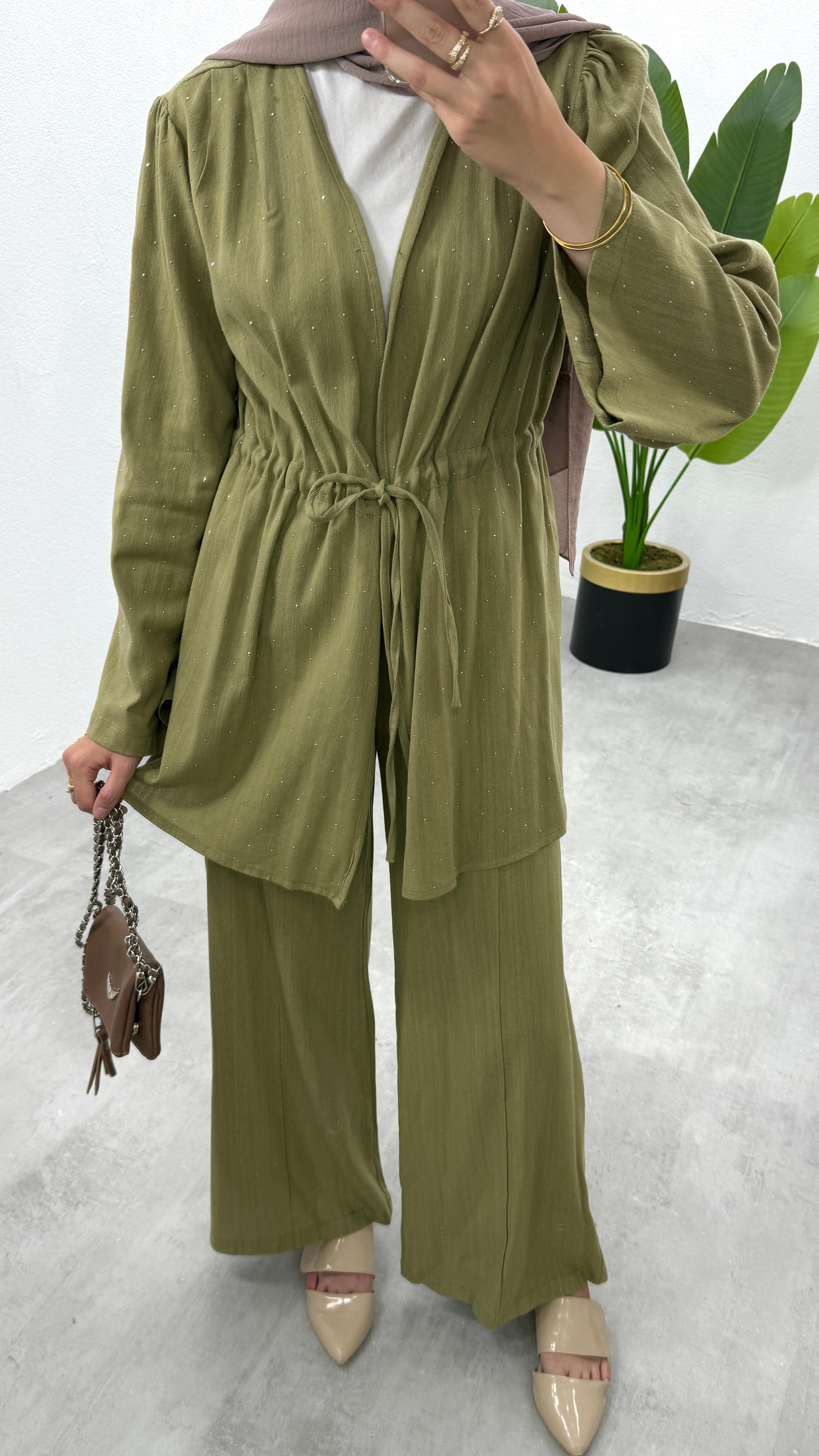 Taşlı Keten Kimono Takım - Yeşil