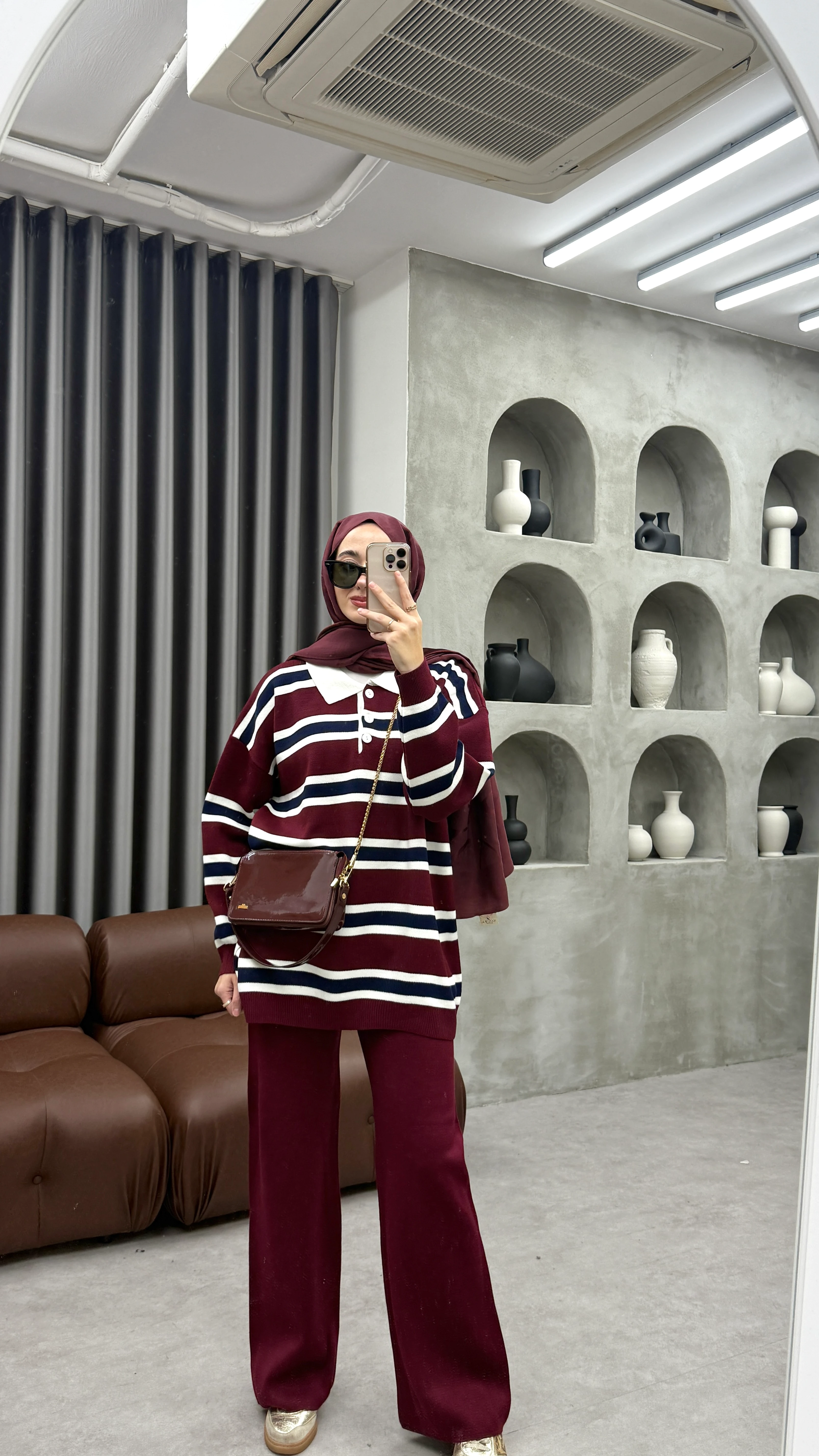 Çizgili Triko Takım - Bordo