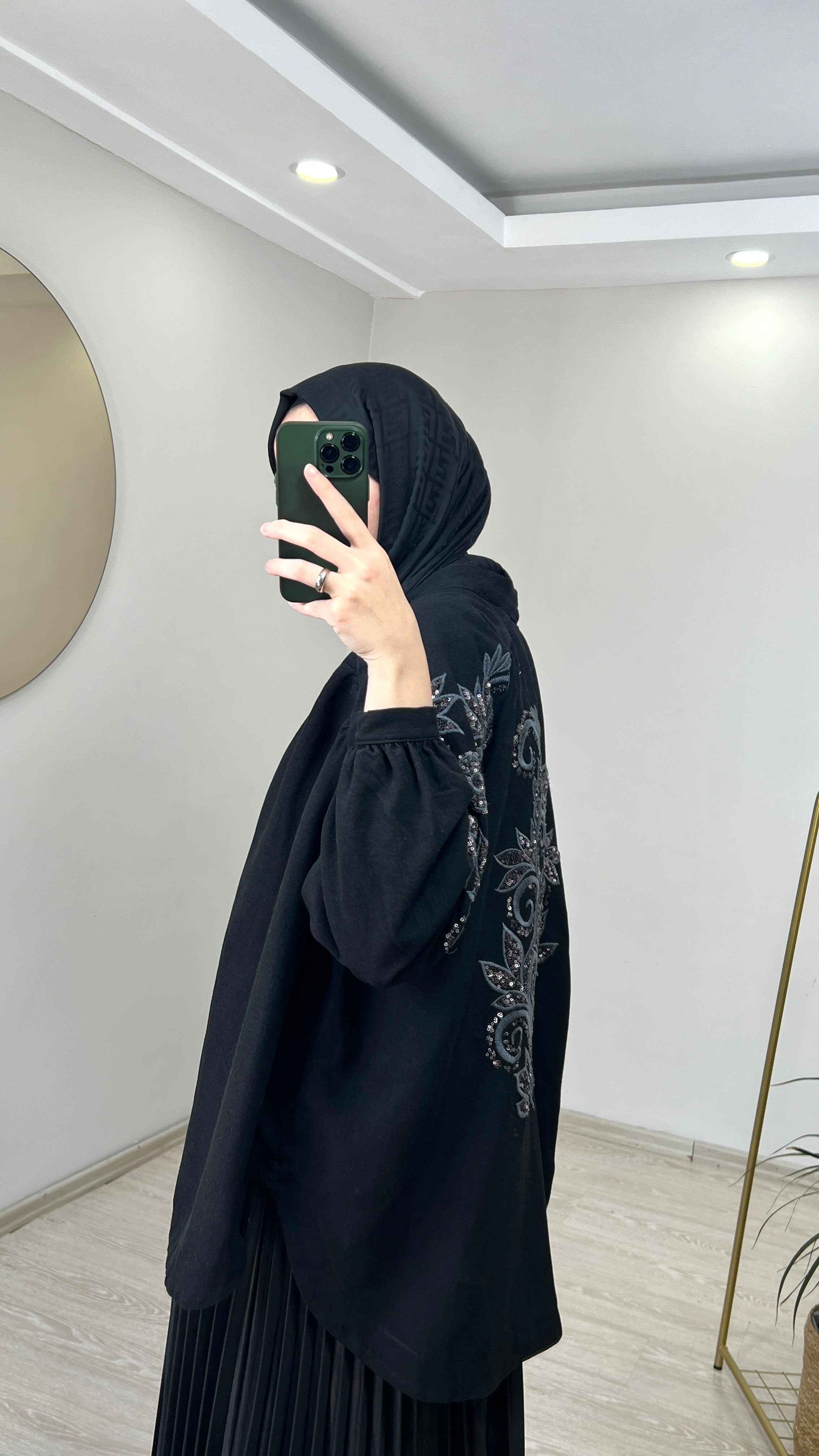 Zambak Desenli Keten Kimono - Siyah