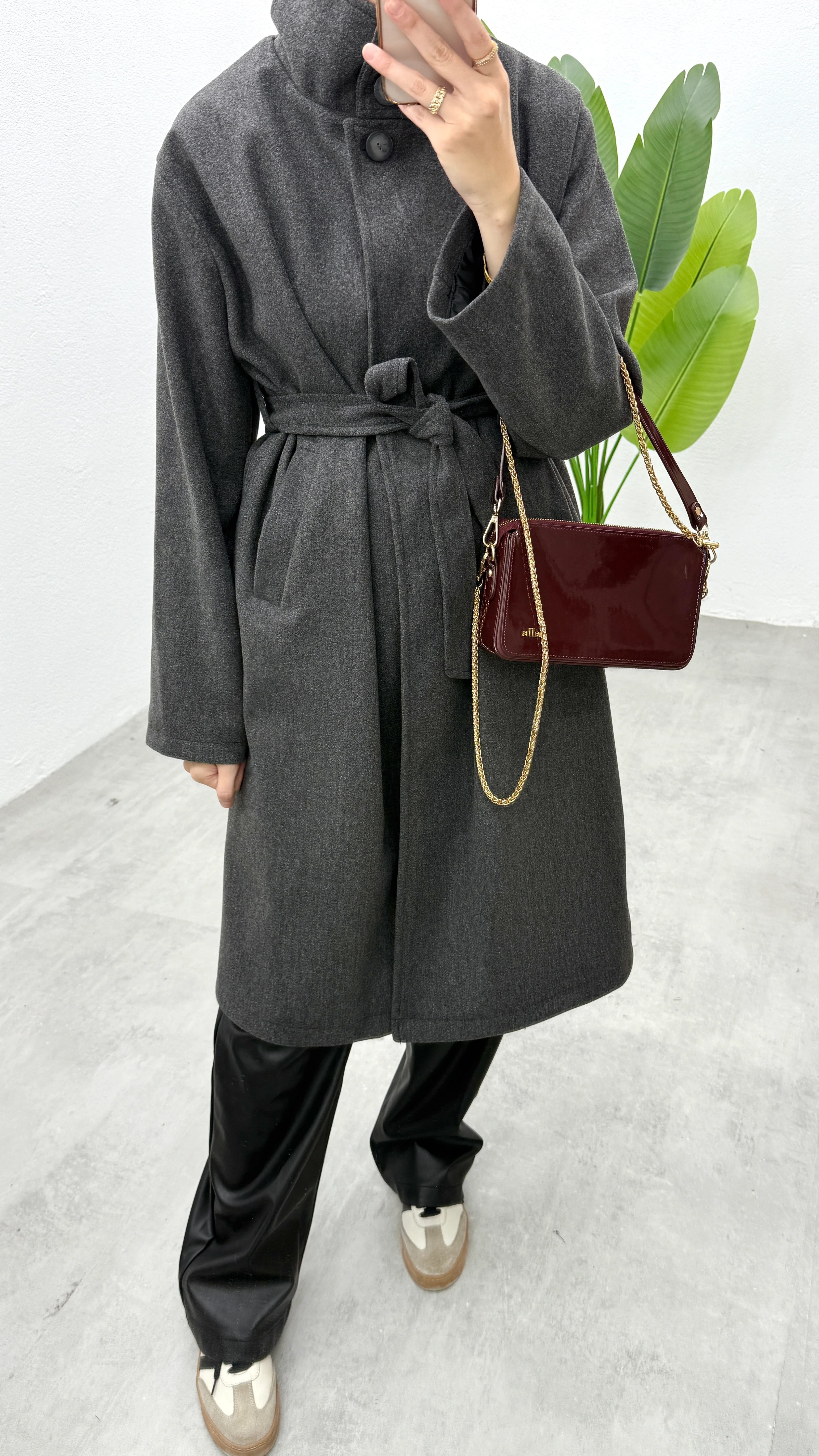 Uzun Dik Yaka Kaşe Kaban - Antrasit