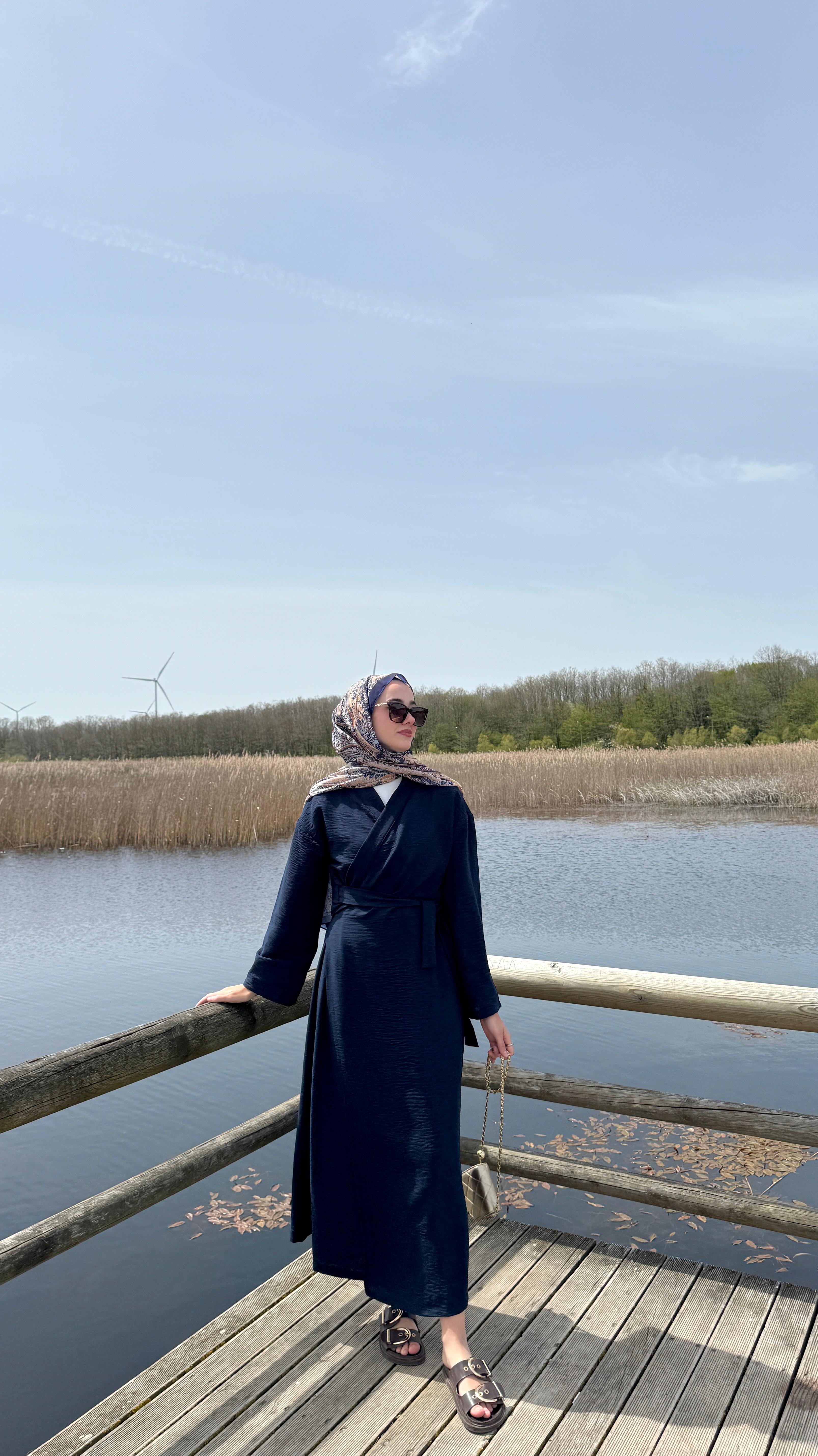 Keten Bağlamalı Abaya - Lacivert